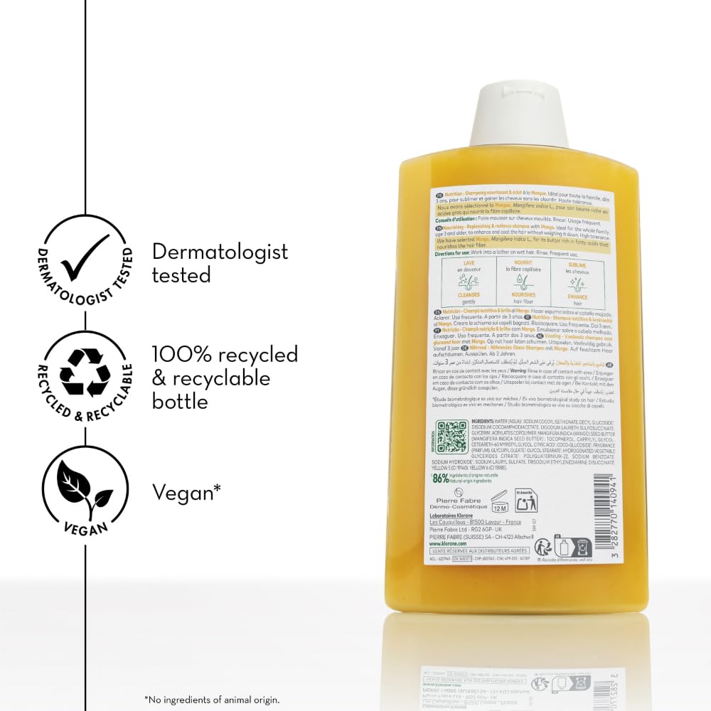 Klorane champú mango, fórmula biodegradable resaltada en la etiqueta.