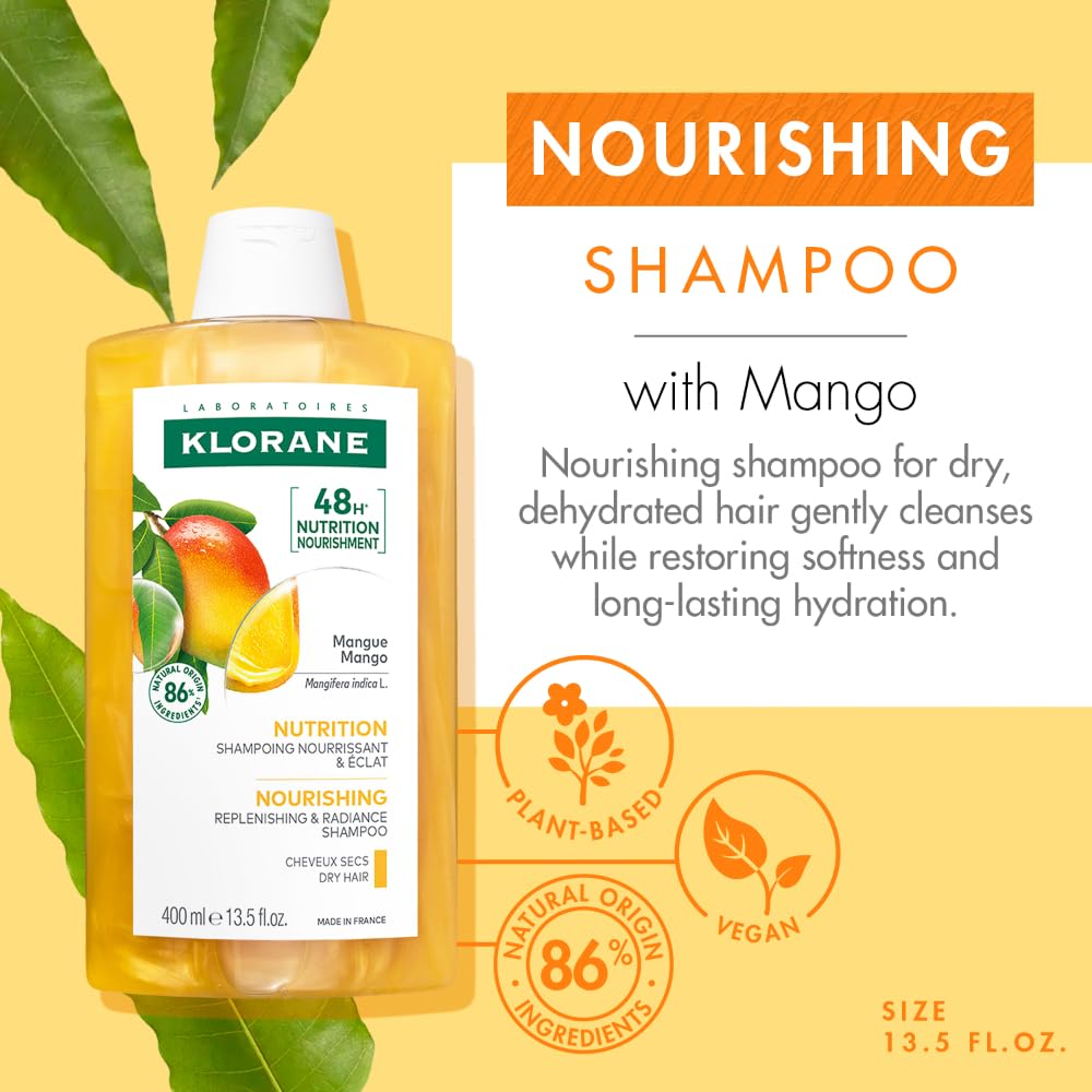 Klorane champú mango, textura cremosa visible para cabello seco.