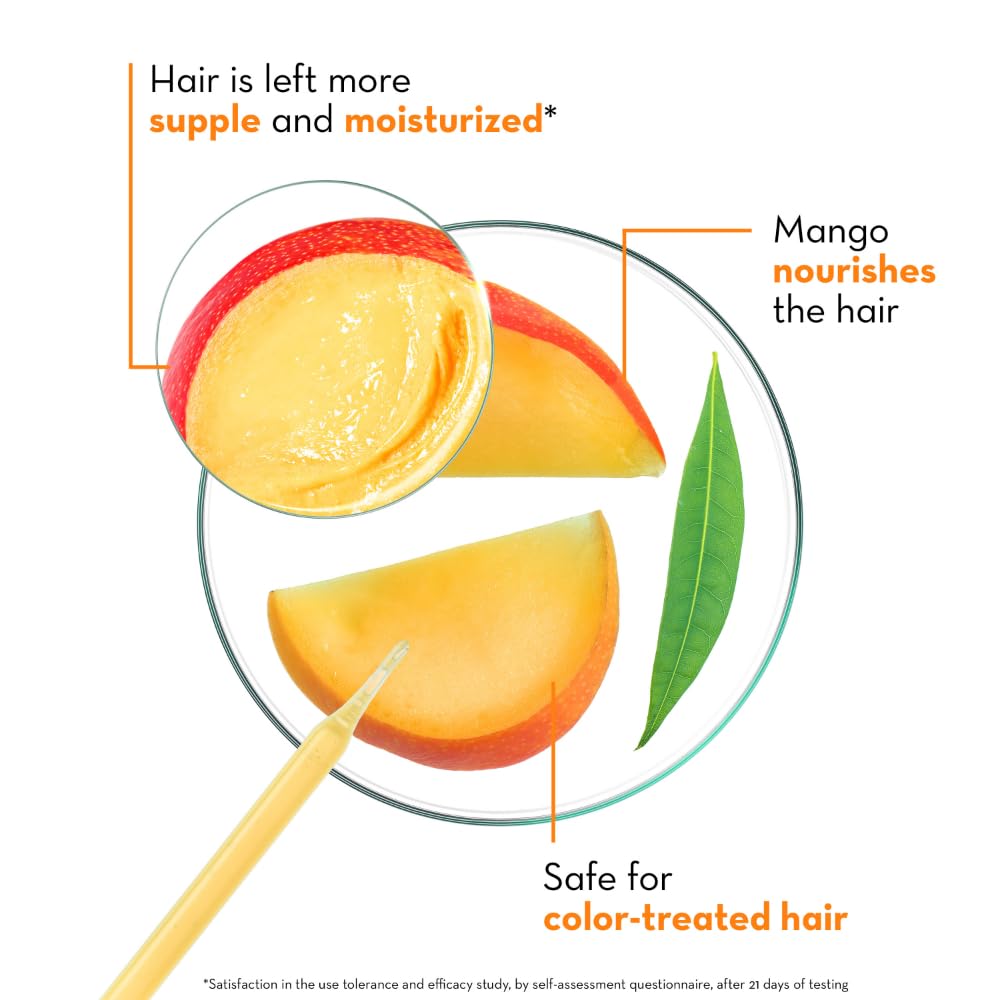 Klorane champú mango, muestra reparación suave para cabello deshidratado.