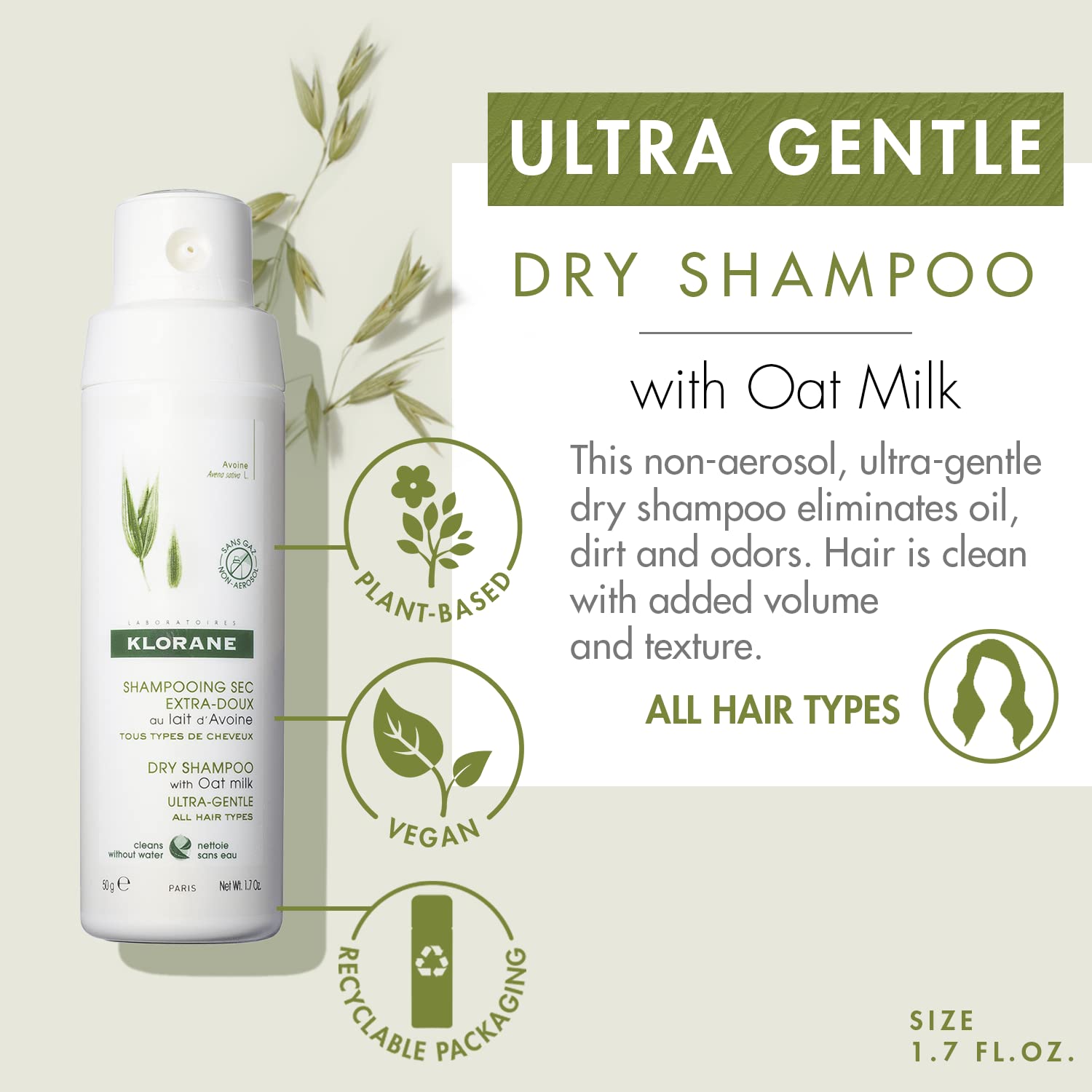Klorane Dry Shampoo Oat Milk ultra-fine powder blends invisibly for texture and volume.