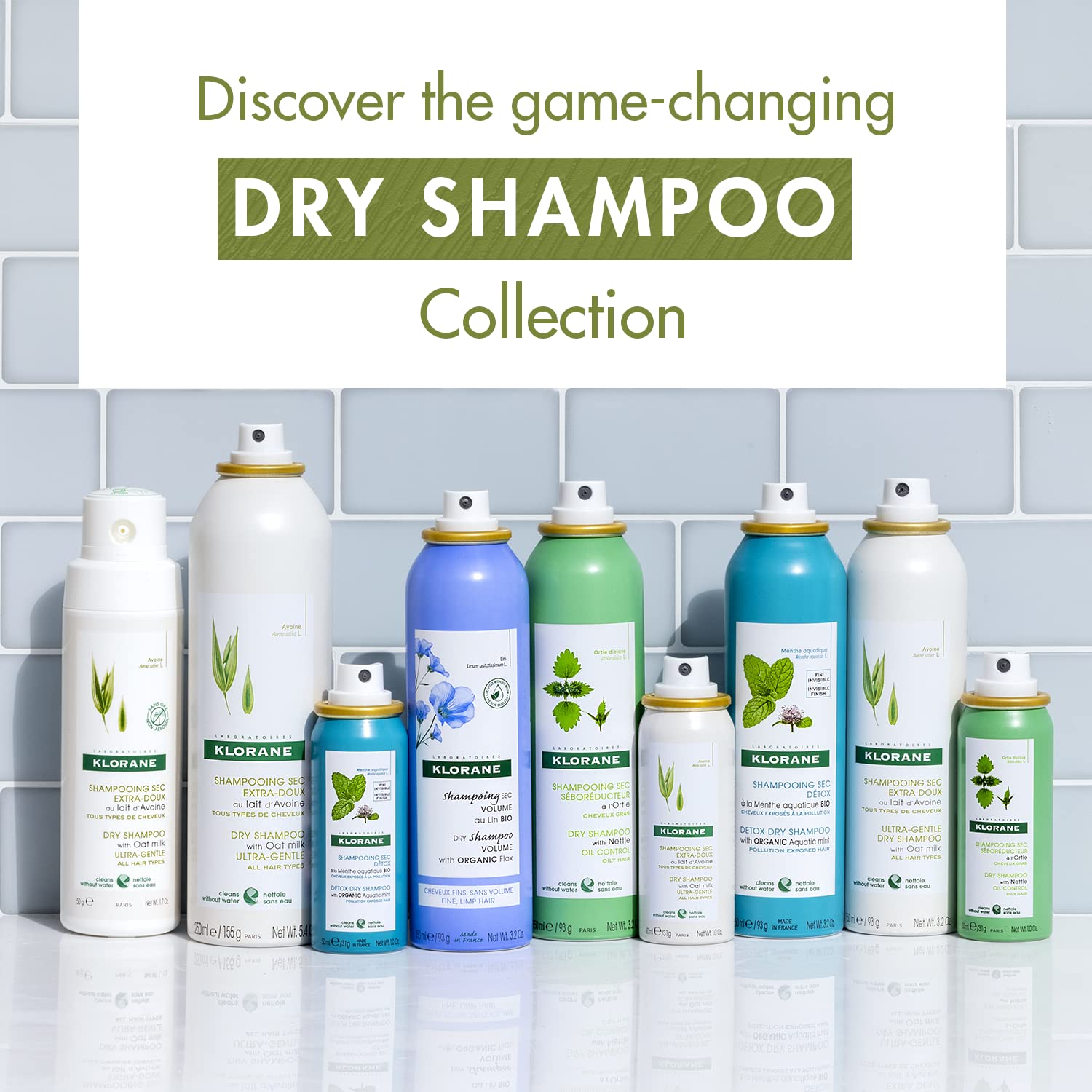 Klorane Oat Milk dry shampoo spray from 10 inches for easy use.