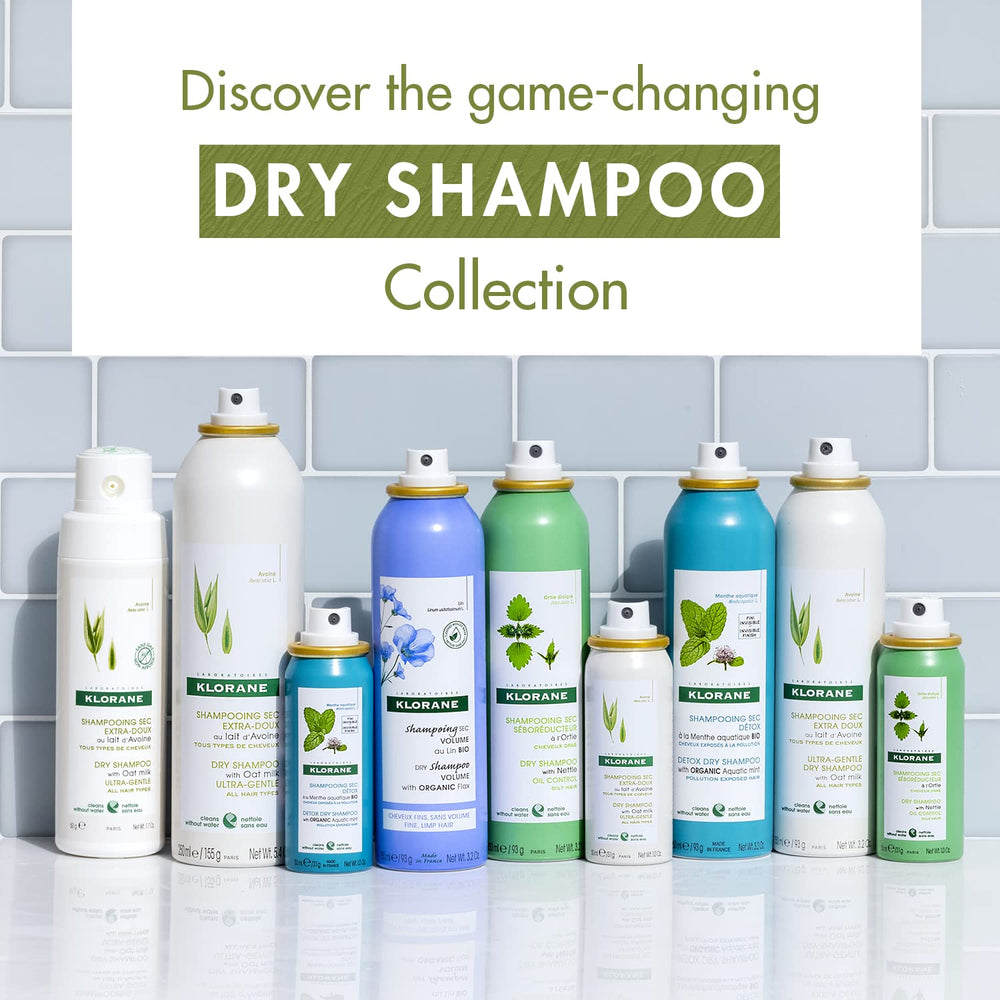 Klorane Oat Milk dry shampoo spray from 10 inches for easy use.