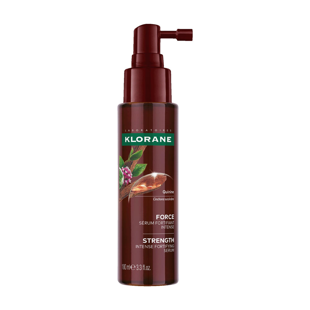 Klorane Intense Strengthening Serum quinine bottle highlights a non-greasy leave-in benefit.