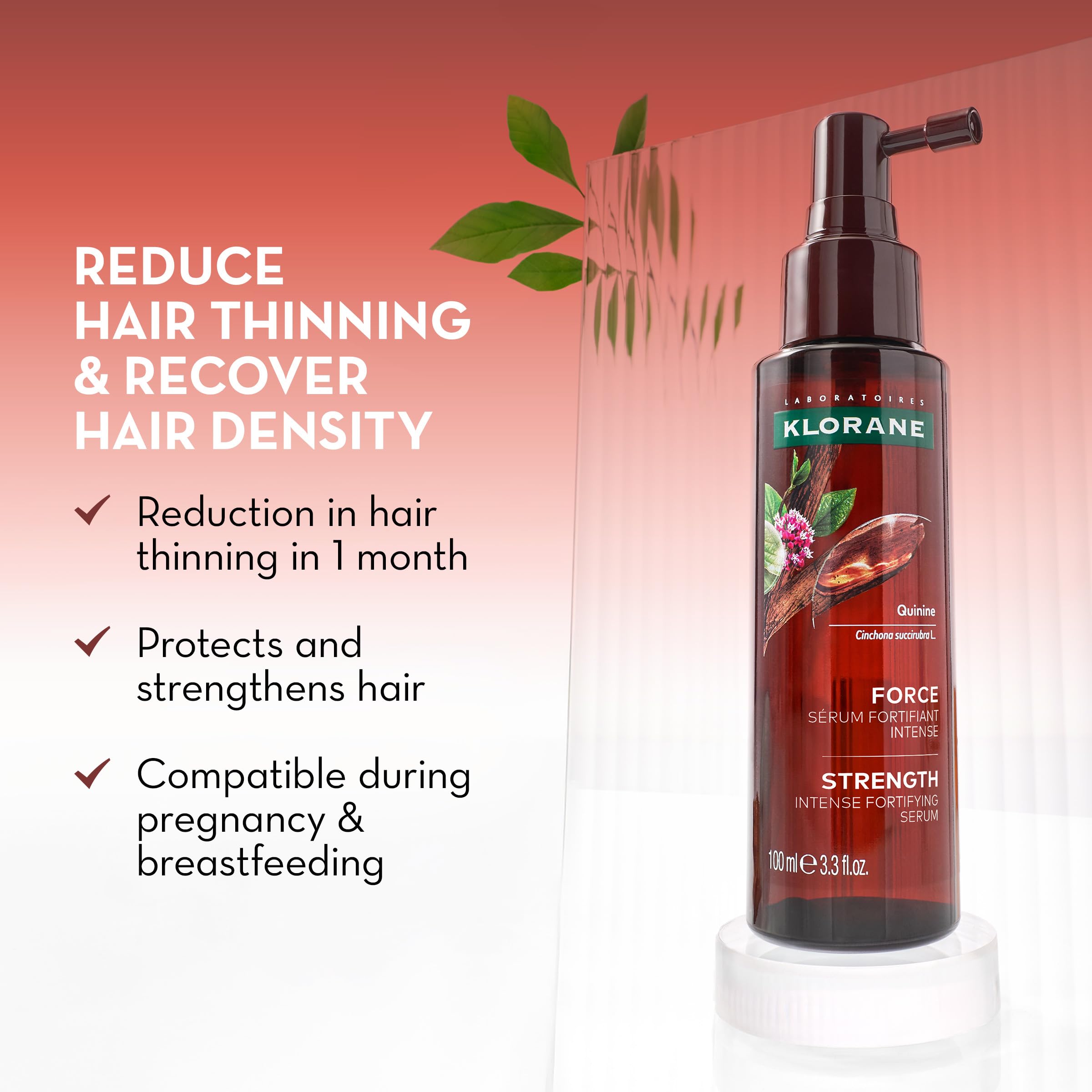 Klorane Intense Strengthening Serum bottle pump demonstrates controlled, easy application.