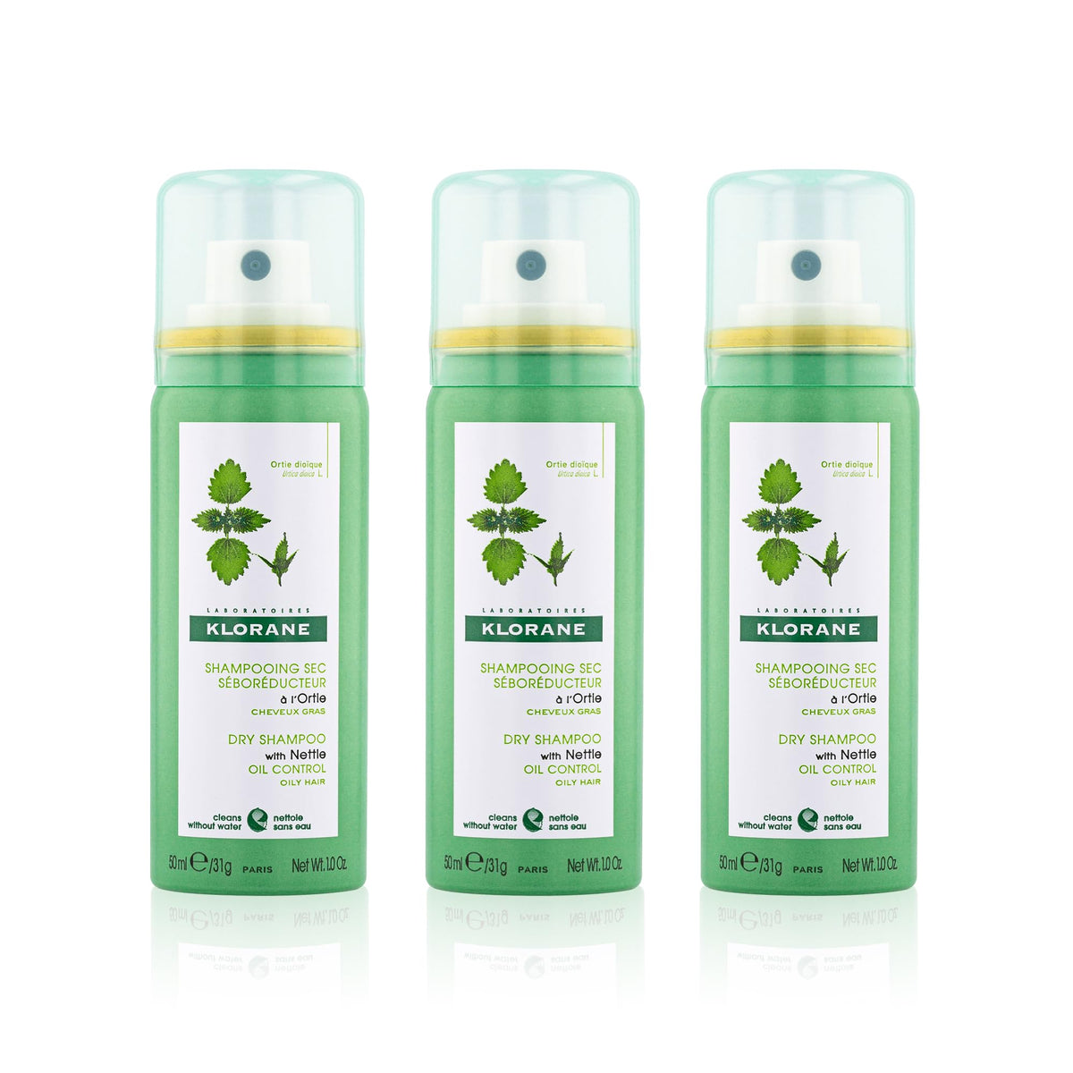 Klorane Nettle Dry Shampoo travel-size bundle front view for on-the-go refresh.