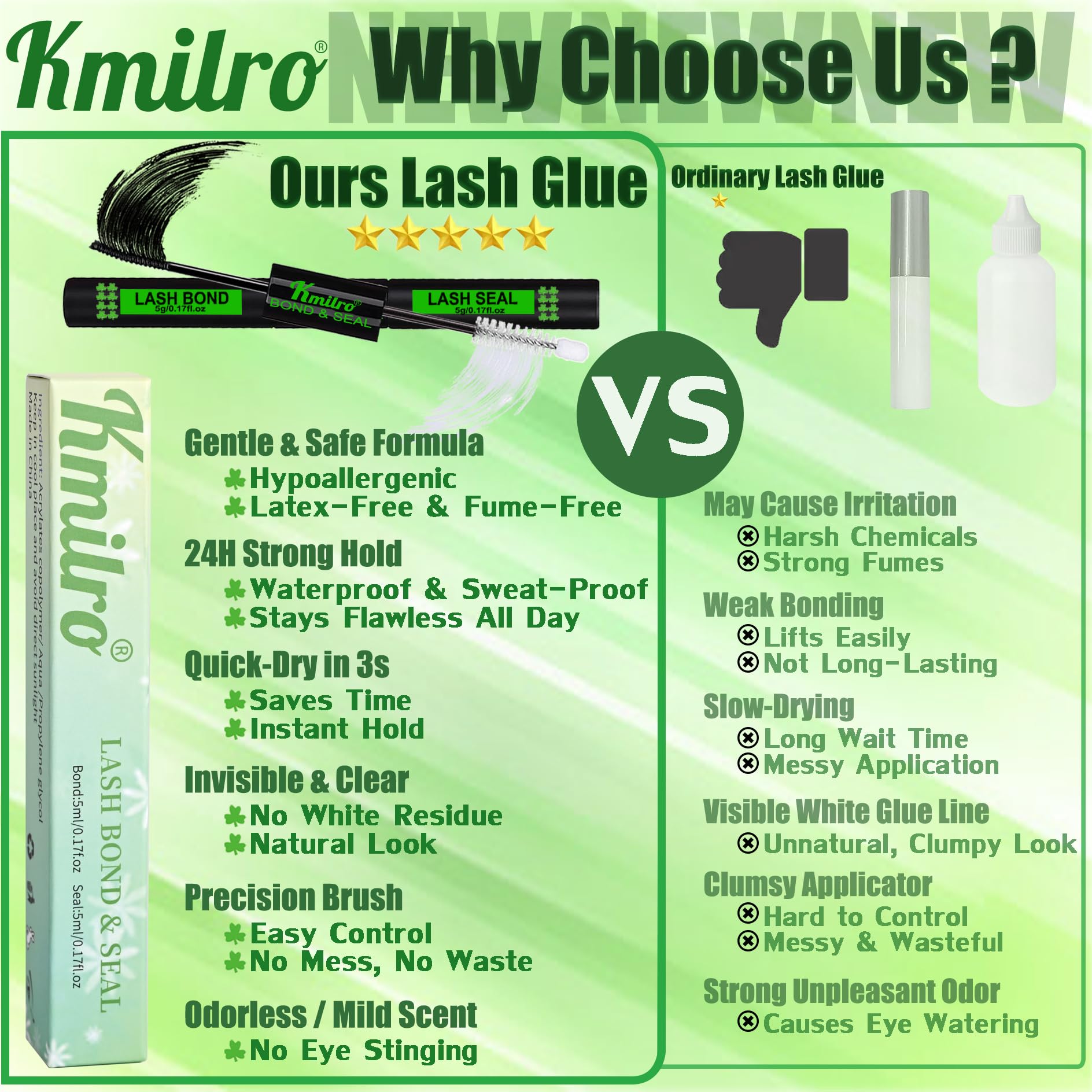 Kmilro latex-free glue suits sensitive eyes and contact lens wearers.