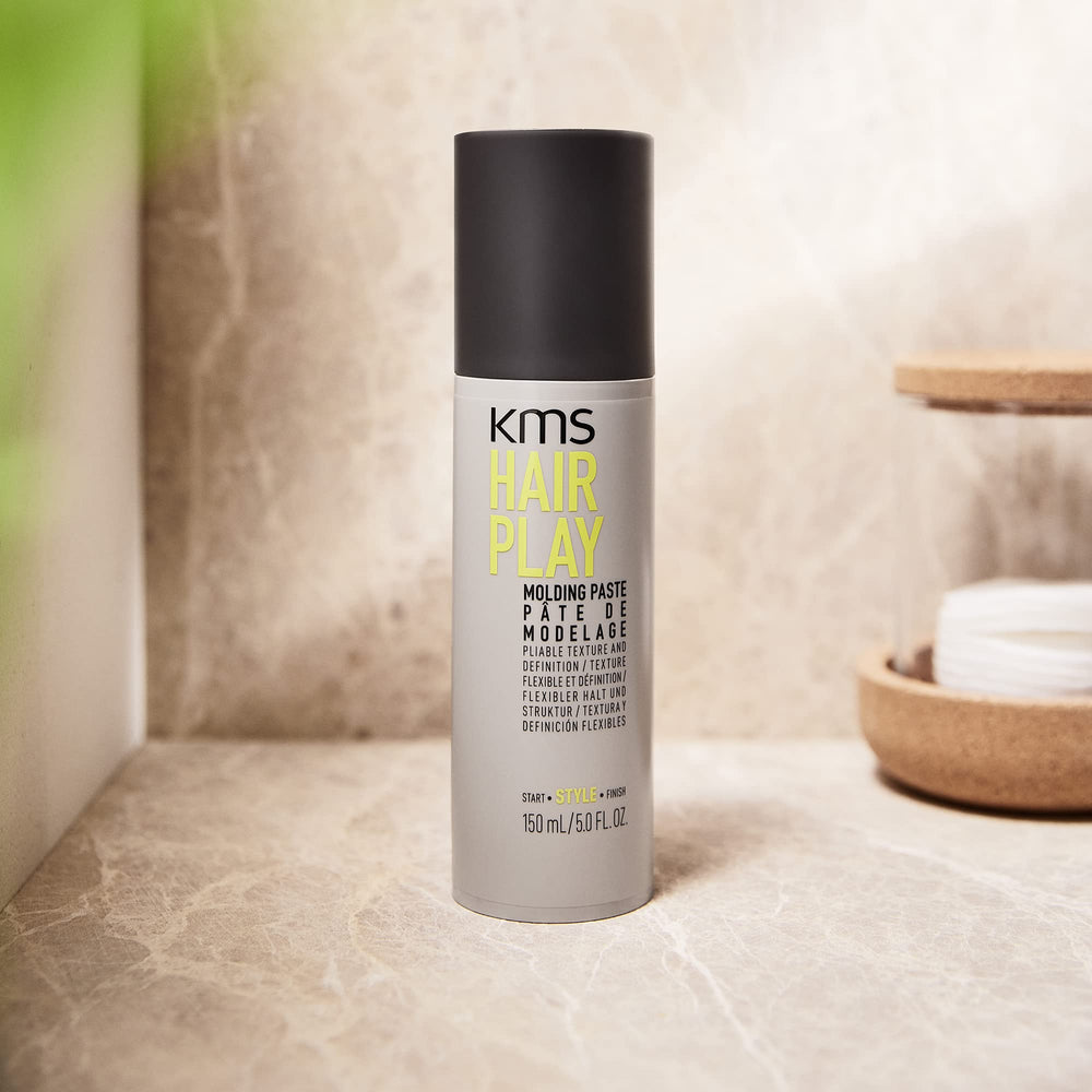 KMS Hair Play Molding Paste box and jar image shows versatile styling options.
