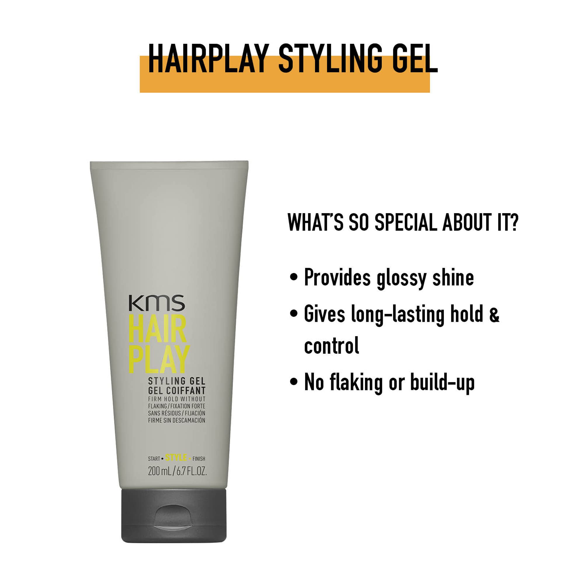 KMS HairPlay Styling Gel glossy finish image emphasizes shine and long-lasting style.