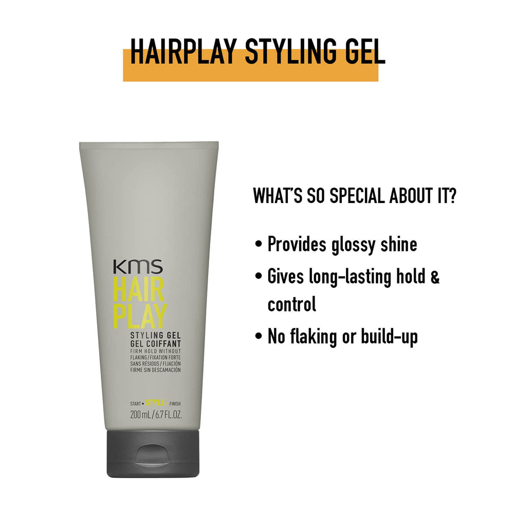 KMS HairPlay Styling Gel glossy finish image emphasizes shine and long-lasting style.