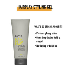 KMS HairPlay Styling Gel glossy finish image emphasizes shine and long-lasting style.