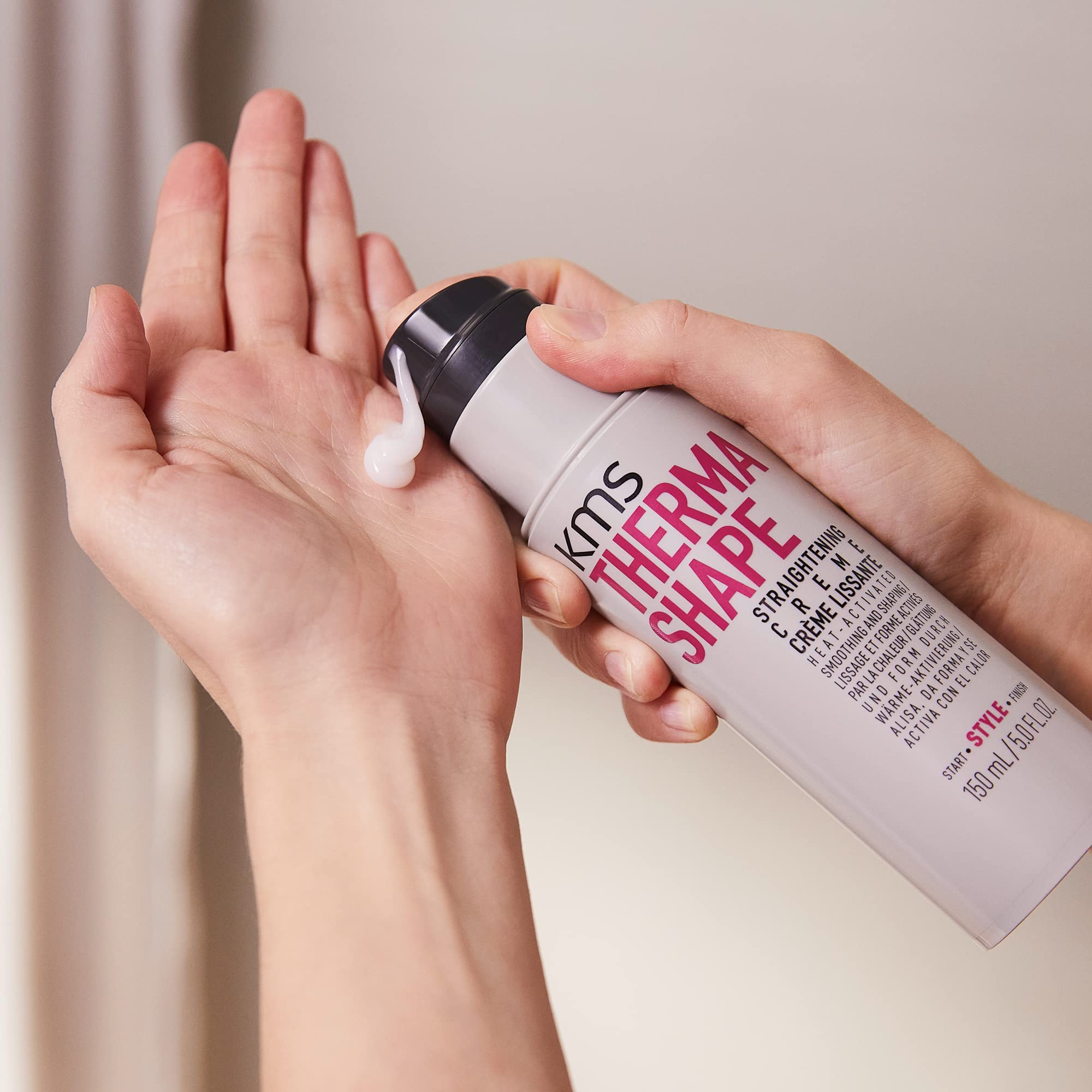 KMS Thermashape packaging close-up highlights one-step application for curly-to-straight transitions.