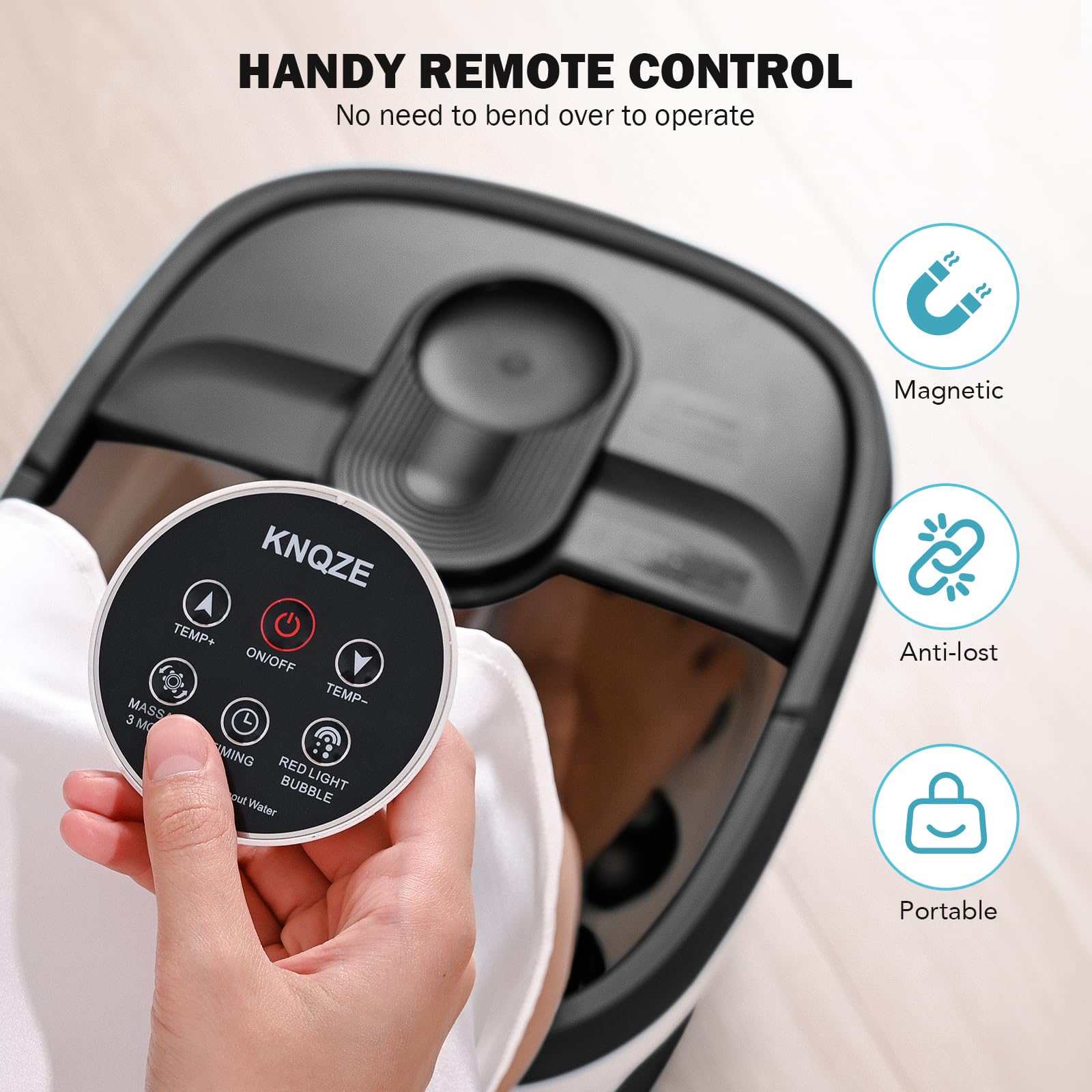 KNQZE foot spa showing heat and bubble function for a comforting soak