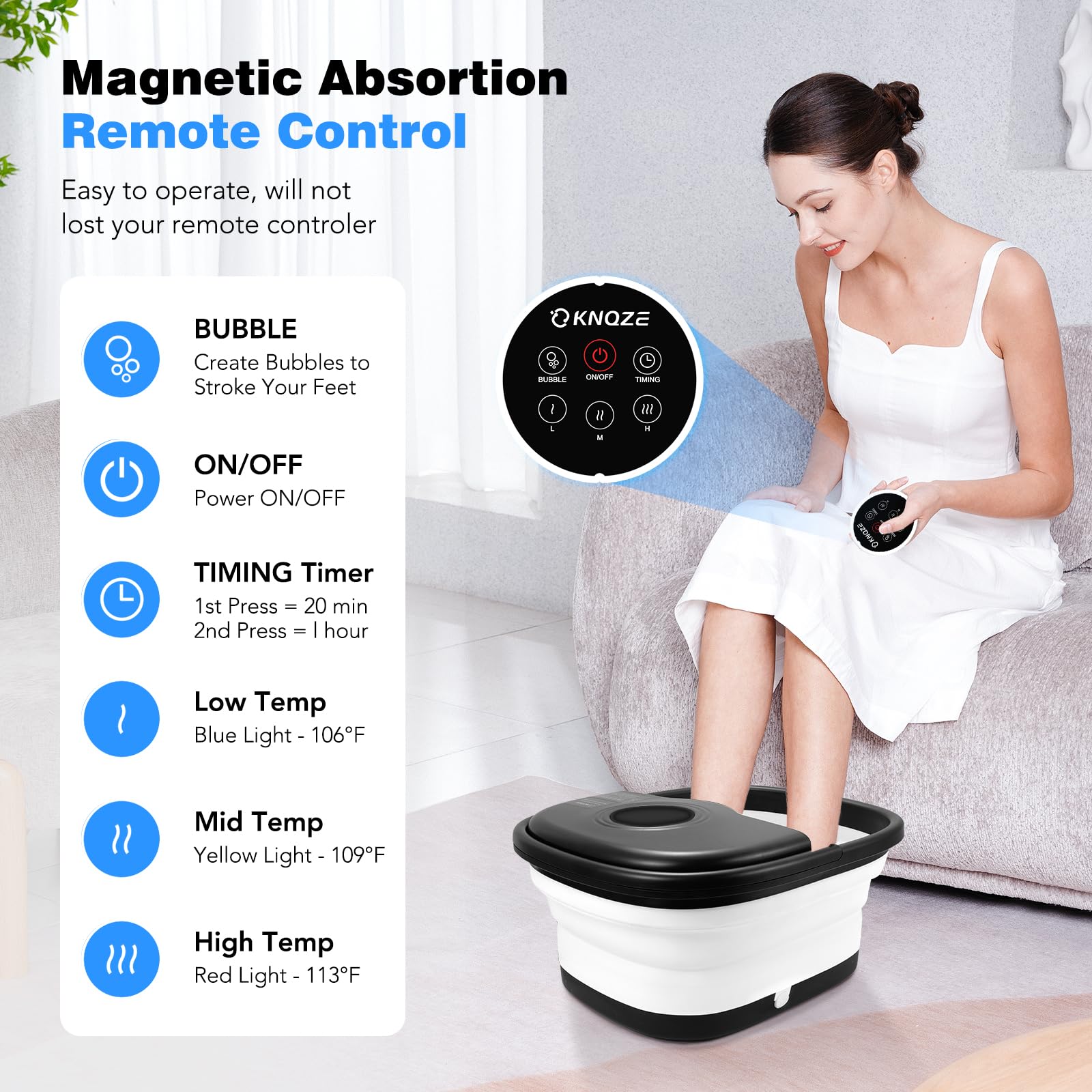 KNQZE Foot Spa Temperature Control highlights adjustable heat for personalized comfort.