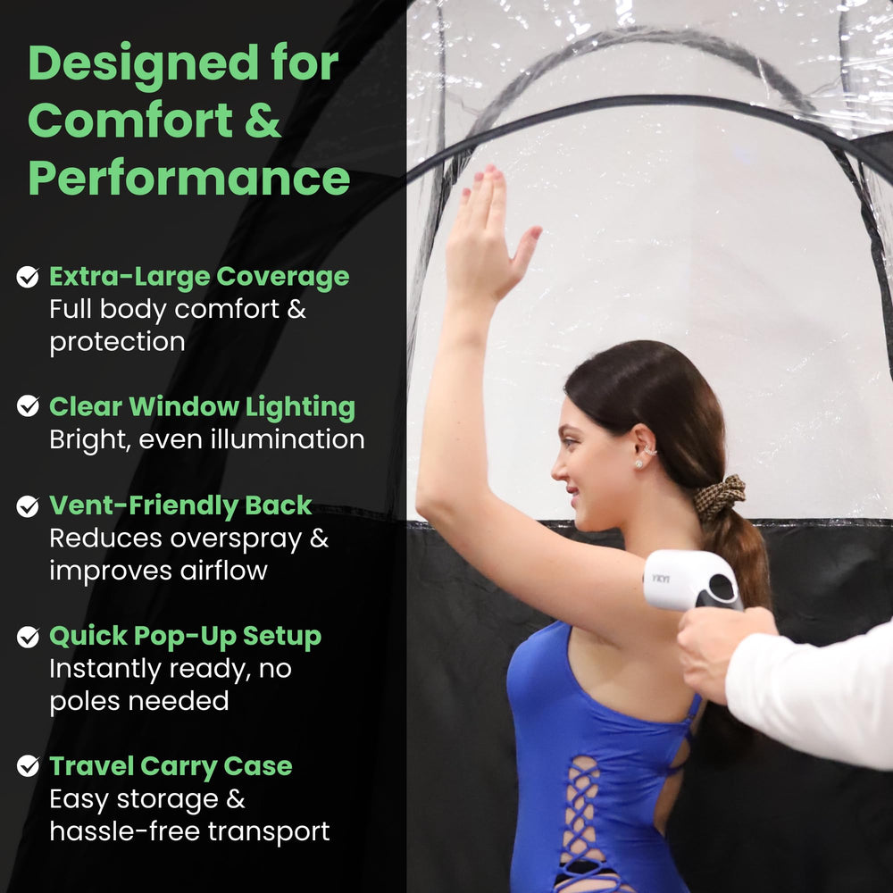 KOBBTAN large spray tan tent with easy-clean interior for maintenance.