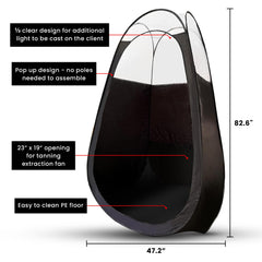 KOBBTAN pop-up spray tan tent unfolds quickly with no poles for fast setup.