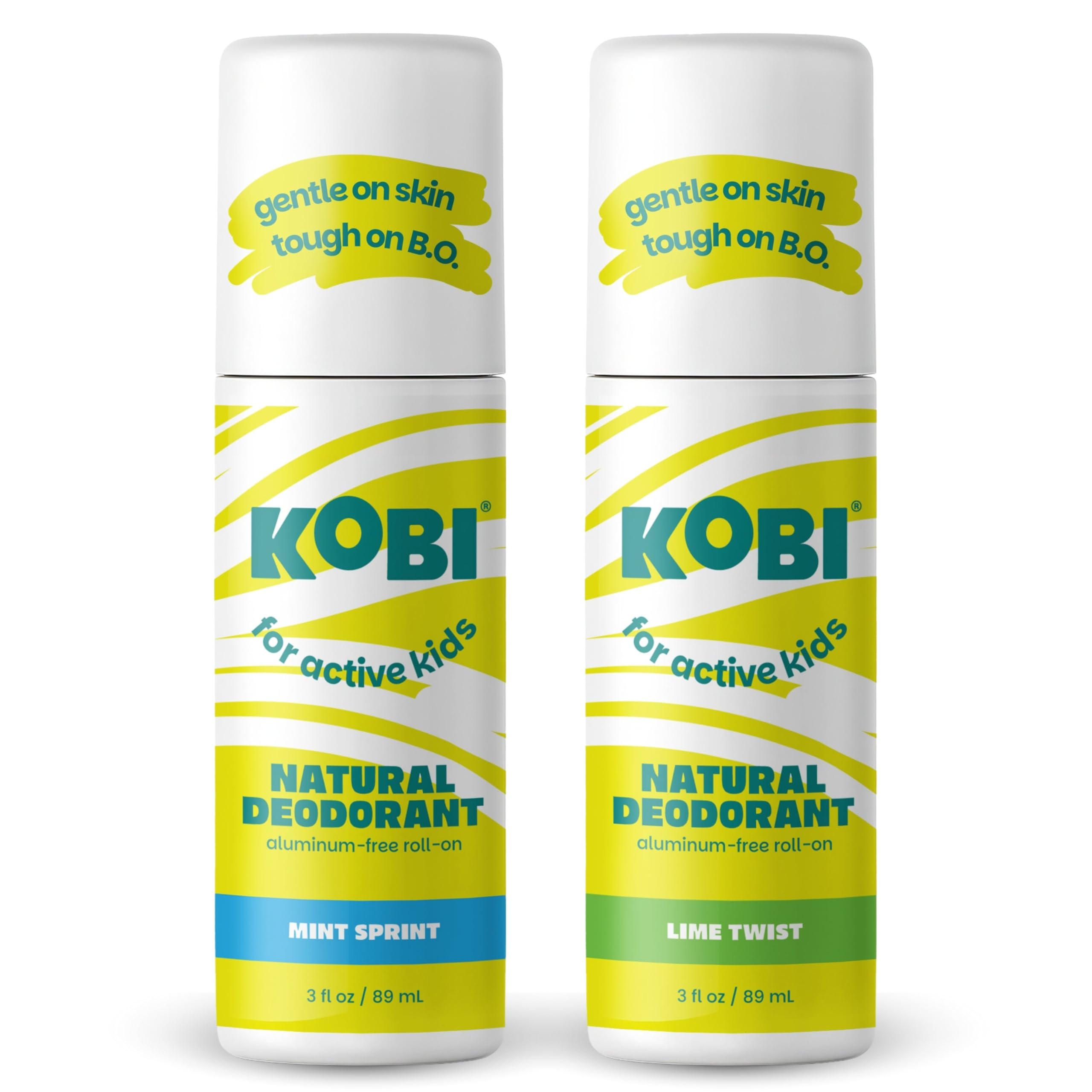 Kobi desodorante para niños activos, rodillo en acción, aplicación limpia y clara.
