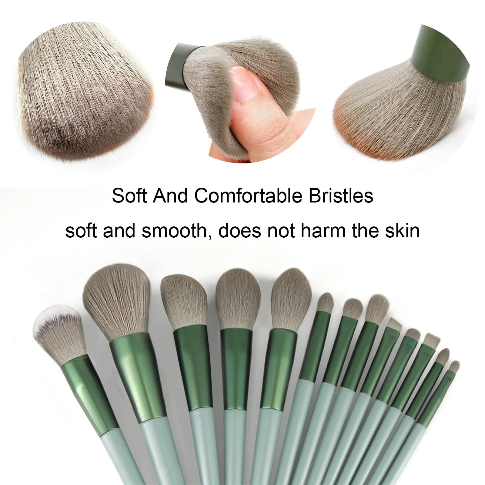 Koccido 22-piece green makeup brushes bristle close-up for soft blending and even finish.