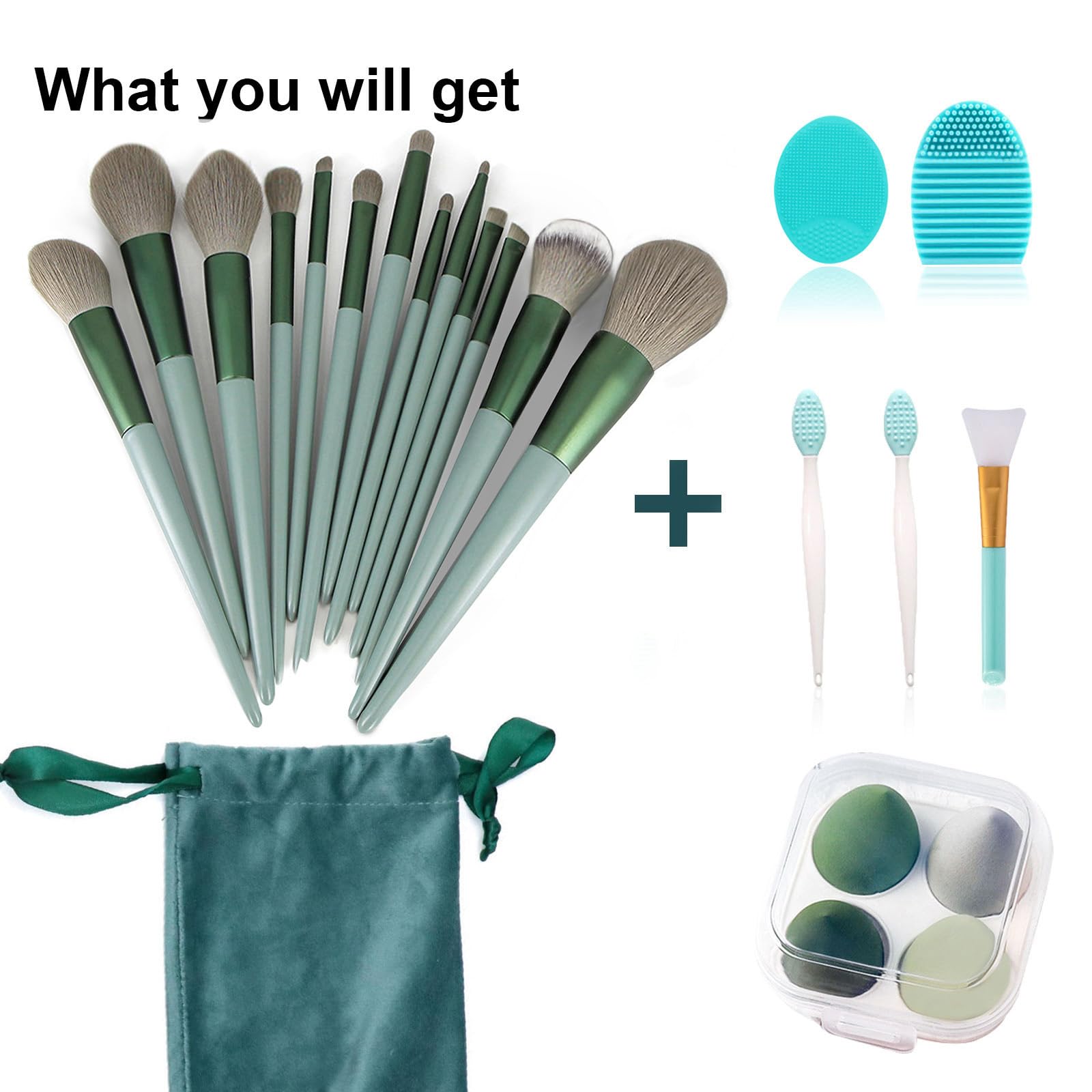 Koccido green full kit organized for on-the-go makeup routines.