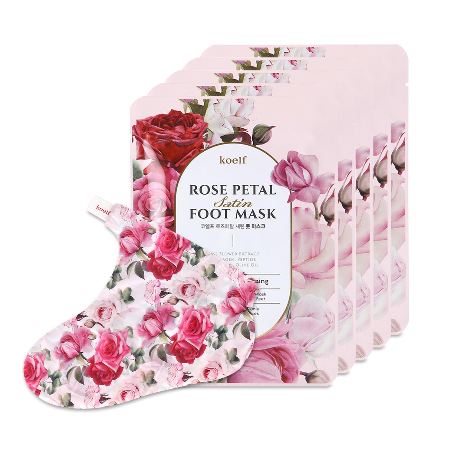 Koelf PETITFEE mascarilla de pie con pétalos de rosa, hidratación profunda.