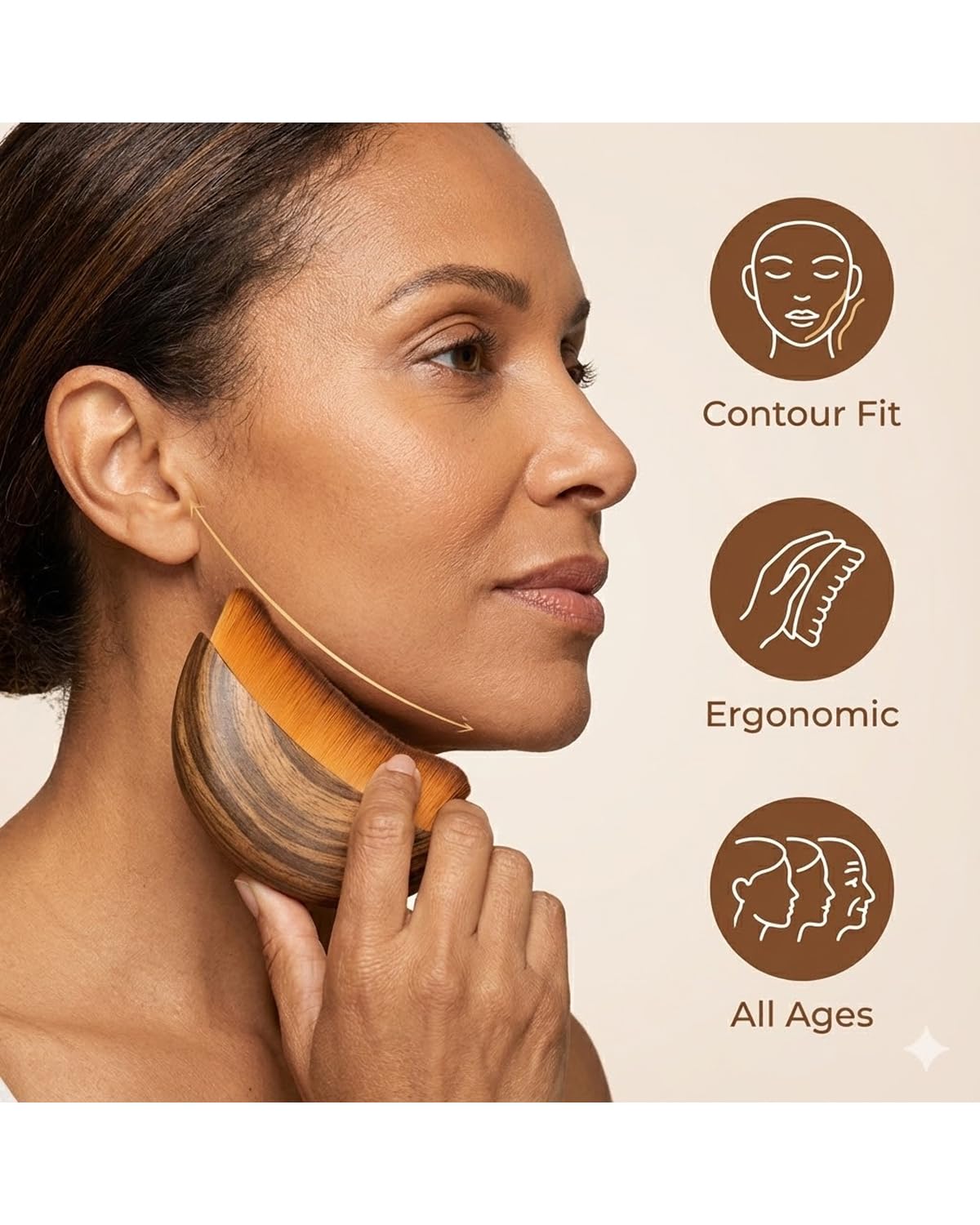 Kojeva Lymphatic Contour Face Brush enhances facial radiance with soft bristles.