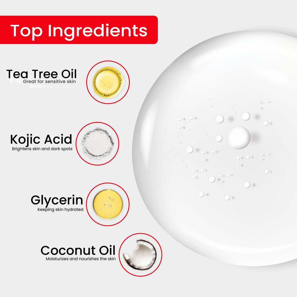 Kojie San tea tree oil section highlighting refreshing cleansing properties.
