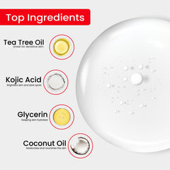 Kojie San tea tree oil section highlighting refreshing cleansing properties.