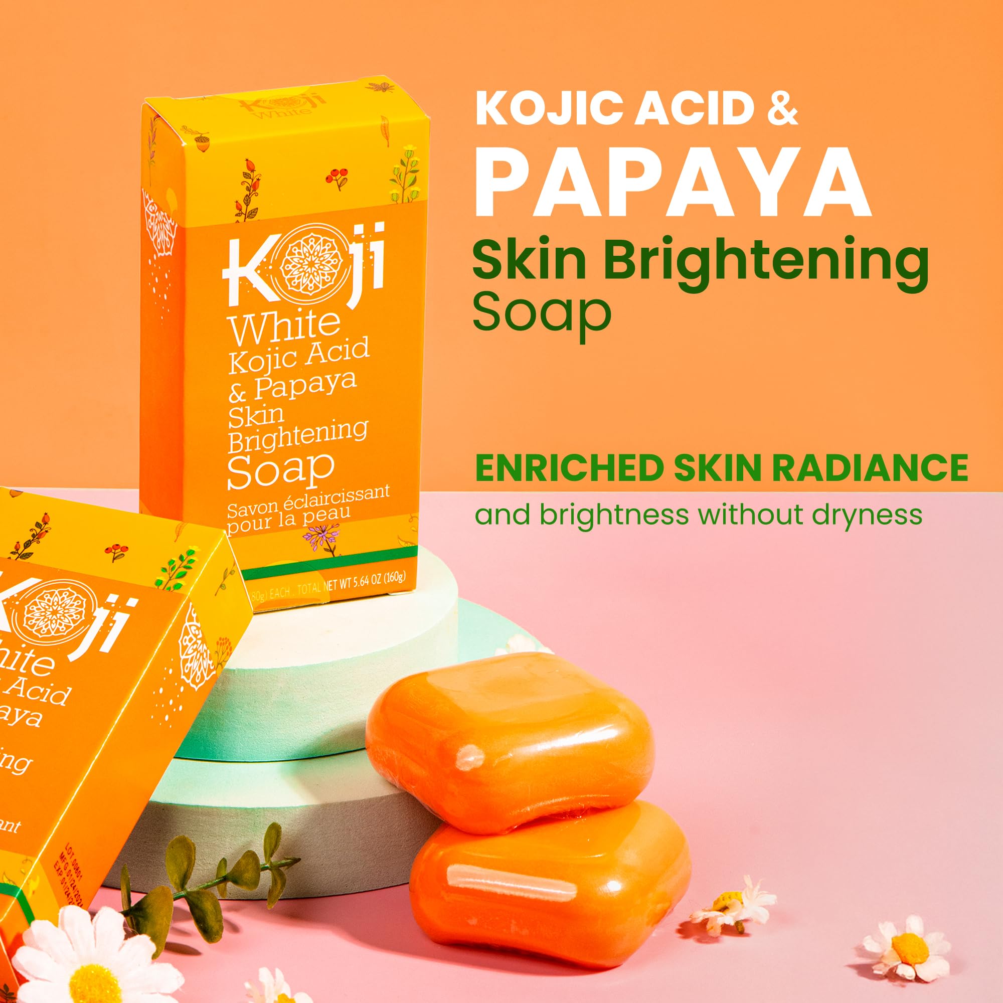 Koji White barra exfoliante Papaya, enfoque papaya, ayuda a eliminar células muertas suavemente.