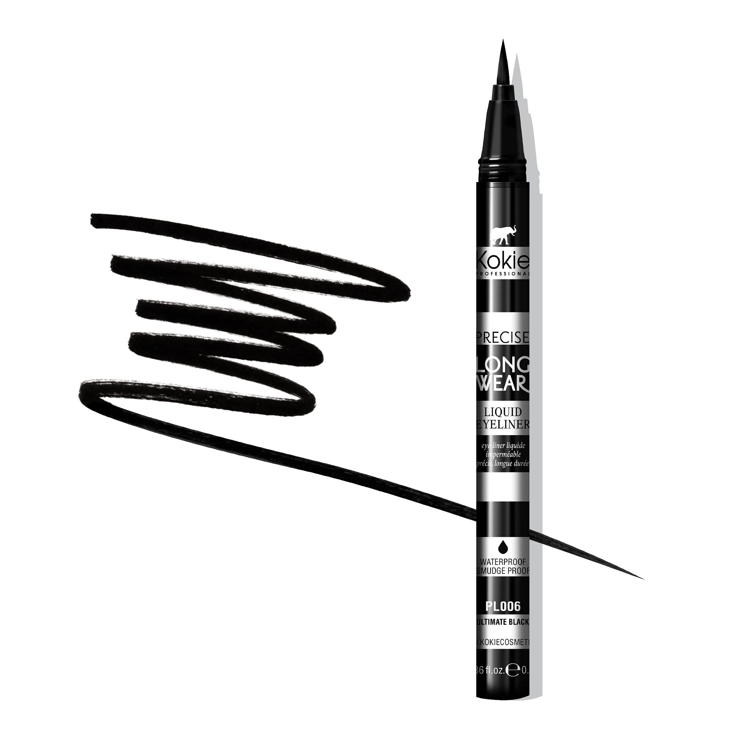 Kokie Precise Longwear Eyeliner precision-tip demonstrates steady control for sharp wings.