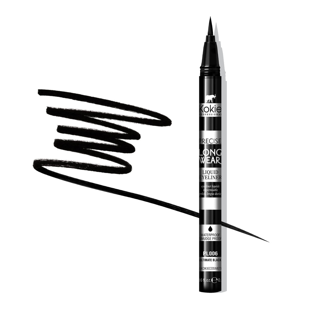 Kokie Precise Longwear Eyeliner precision-tip demonstrates steady control for sharp wings.