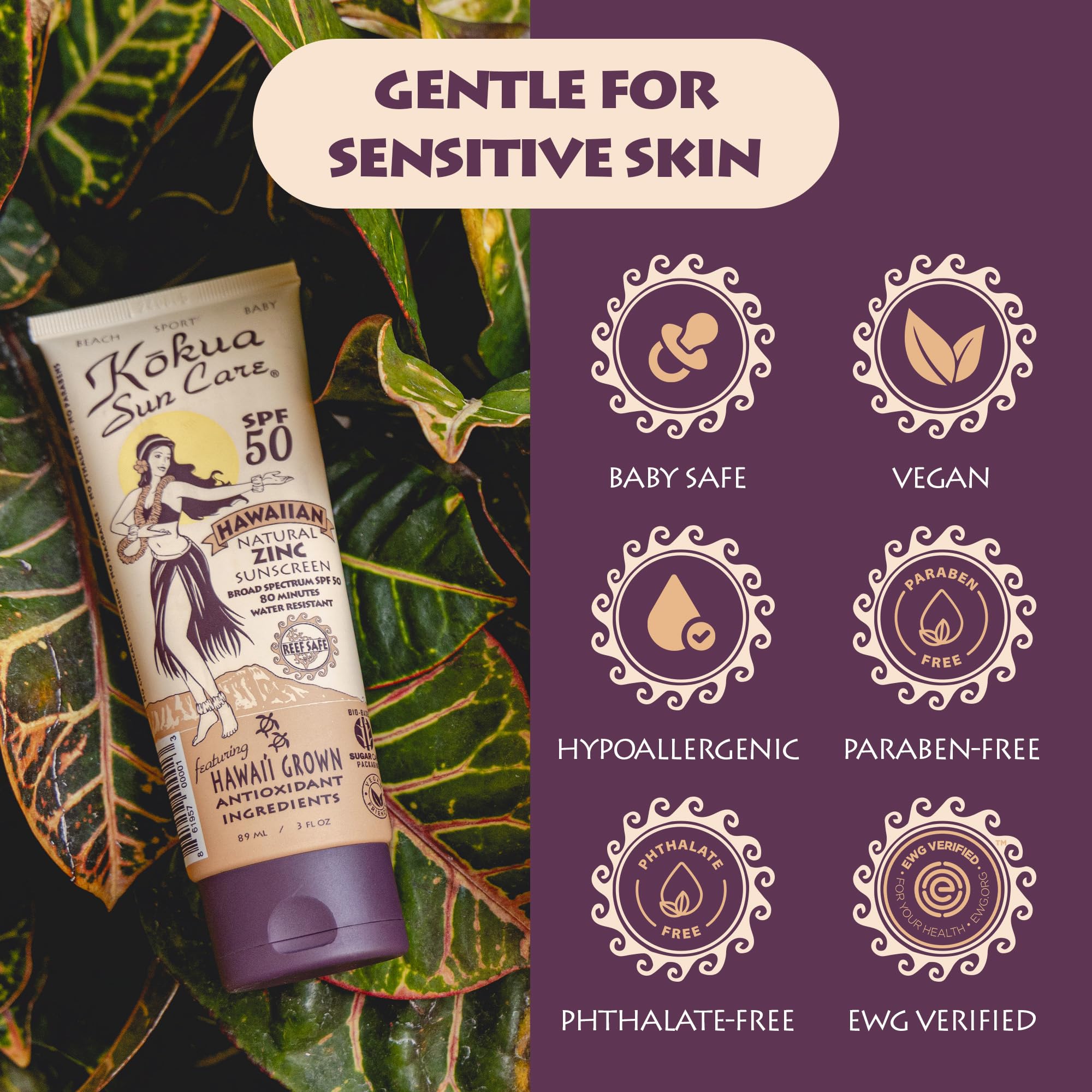 Kokua Sun Care family use, suitable for all ages and sensitive skin.