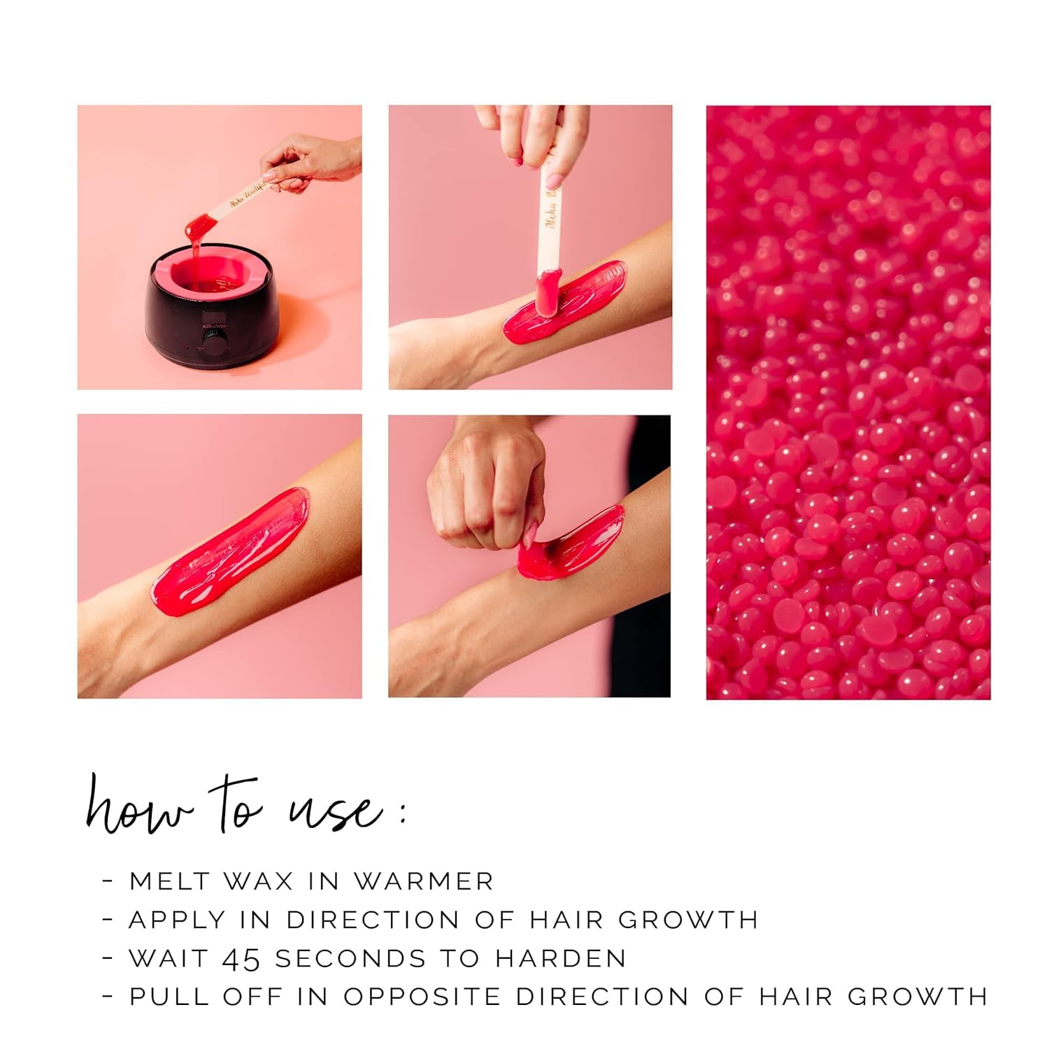KoluaWax bikini waxing beads used with applicator sticks for precise application