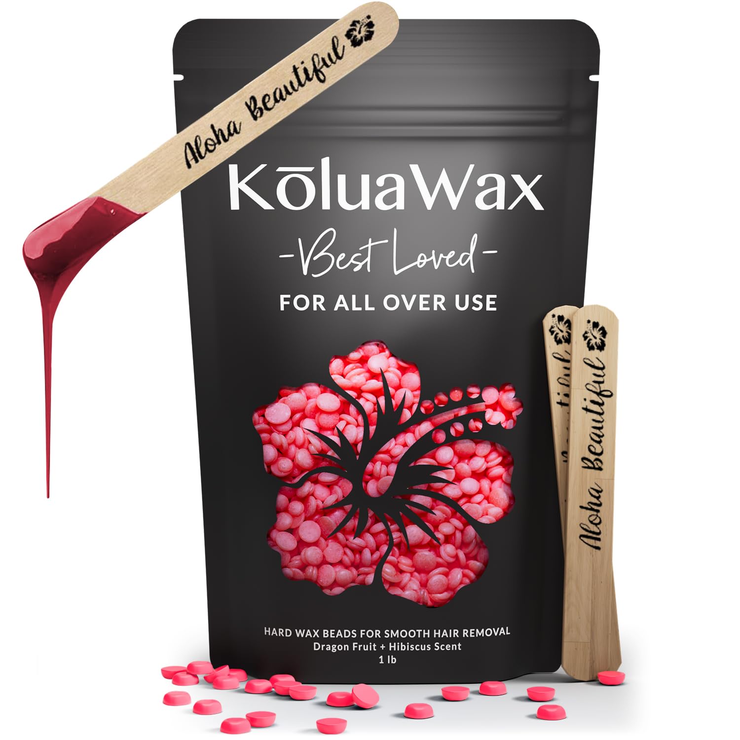 KoluaWax hard wax beads in dragon fruit hibiscus formula ready for at-home waxing.