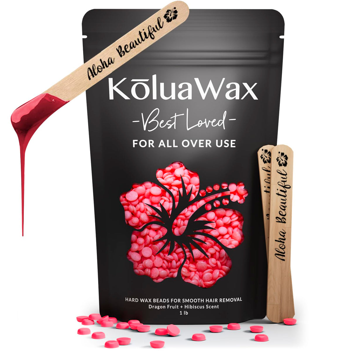 KoluaWax hard wax beads in dragon fruit hibiscus formula ready for at-home waxing.