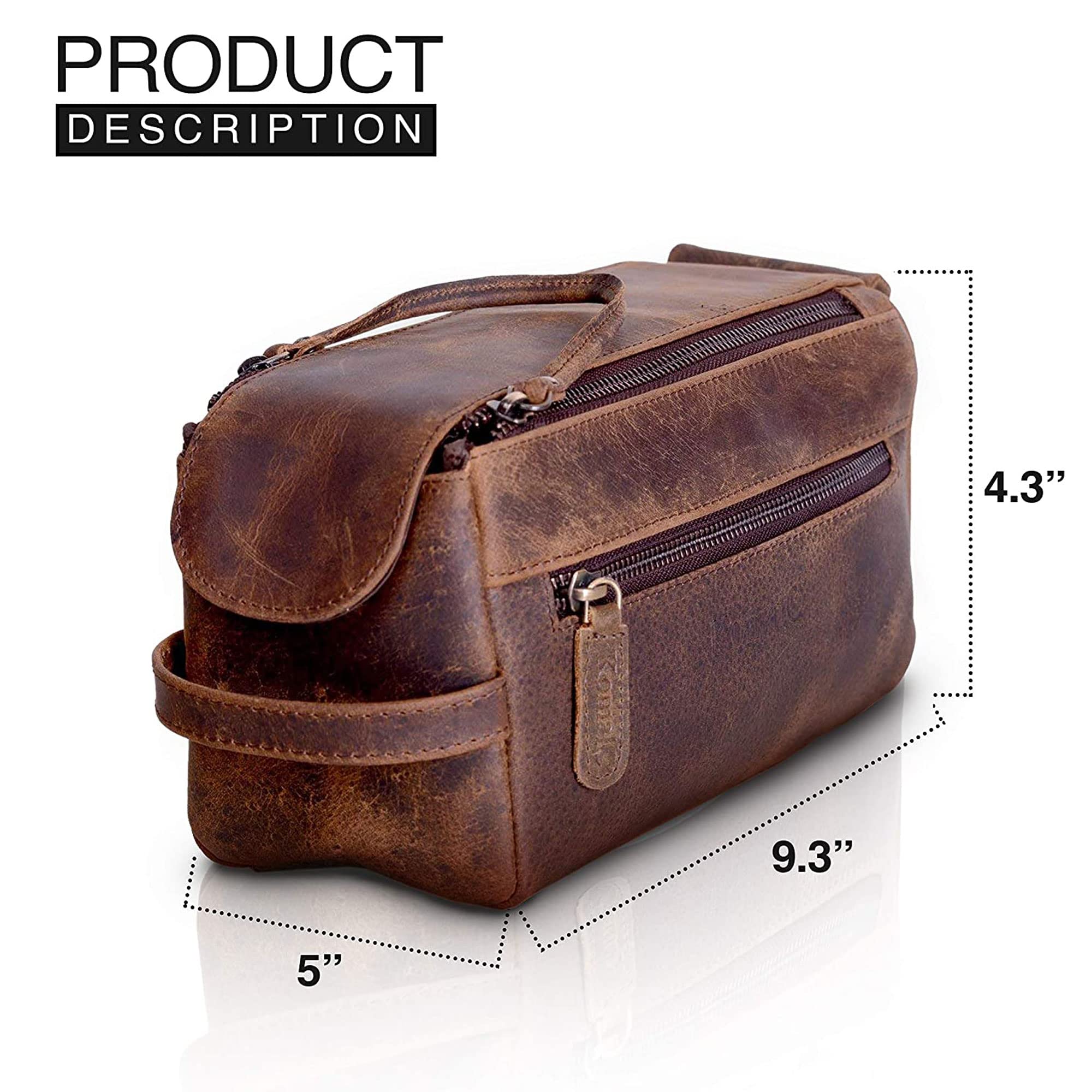 KomalC close-up stitching highlights craftsmanship of the buffalo leather toiletry bag.