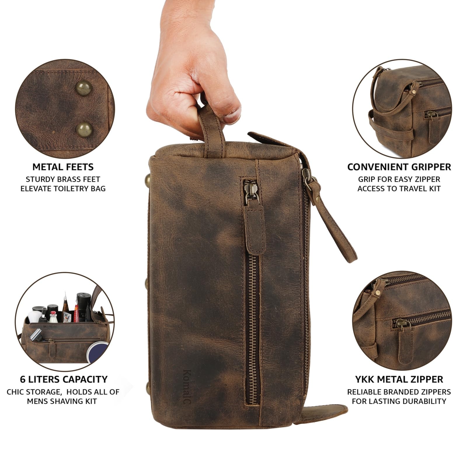 KomalC gift-ready buffalo leather toiletry bag exudes premium craftsmanship.