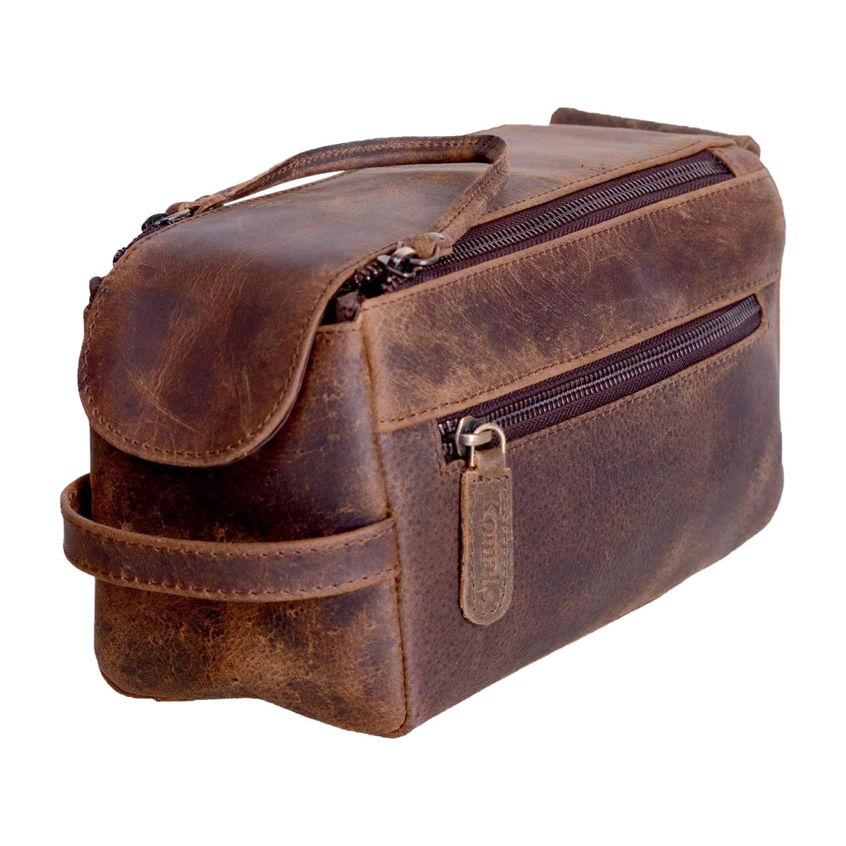 KomalC premium buffalo leather toiletry bag main compartment holds essentials during travel.