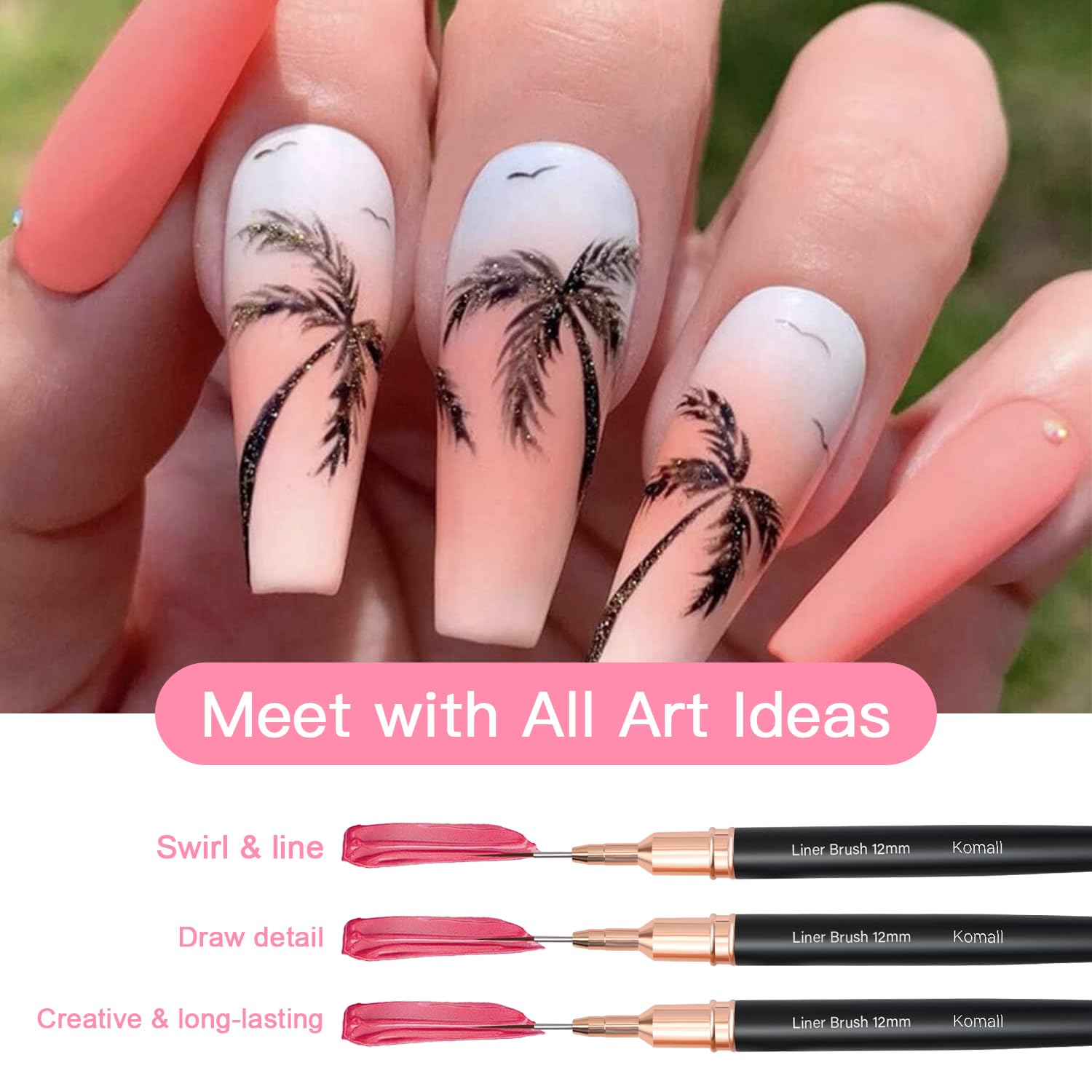 Komall Metallic Nail Art Brush 8mm ideal for smooth curves and fine flourishes