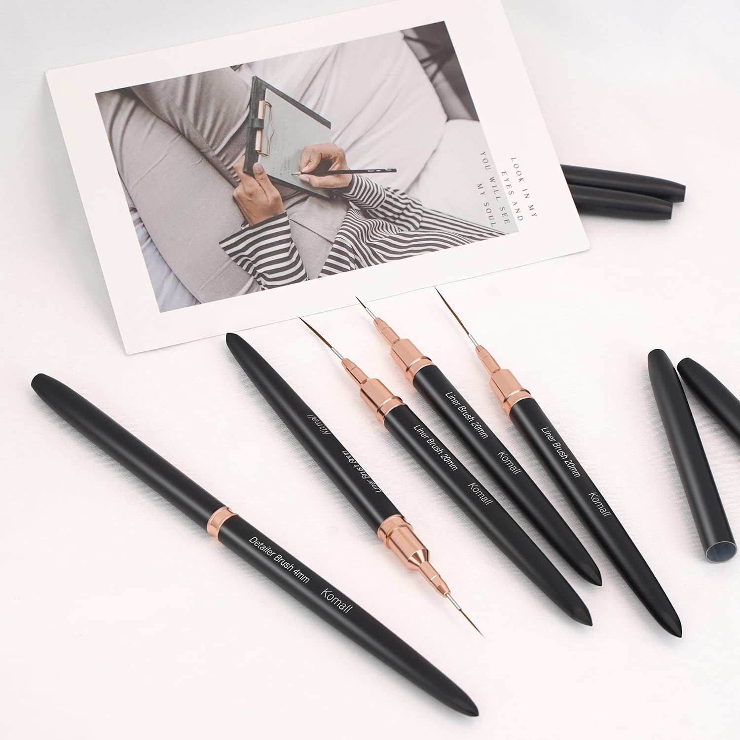 Komall Metallic Nail Art Brushes set offers versatile tools for gel and acrylic detailing