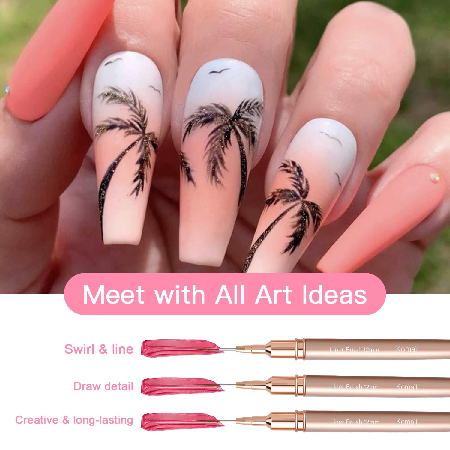 Komall Metallic Nail Art Brushes 12mm tip for broader accents and floral patterns.
