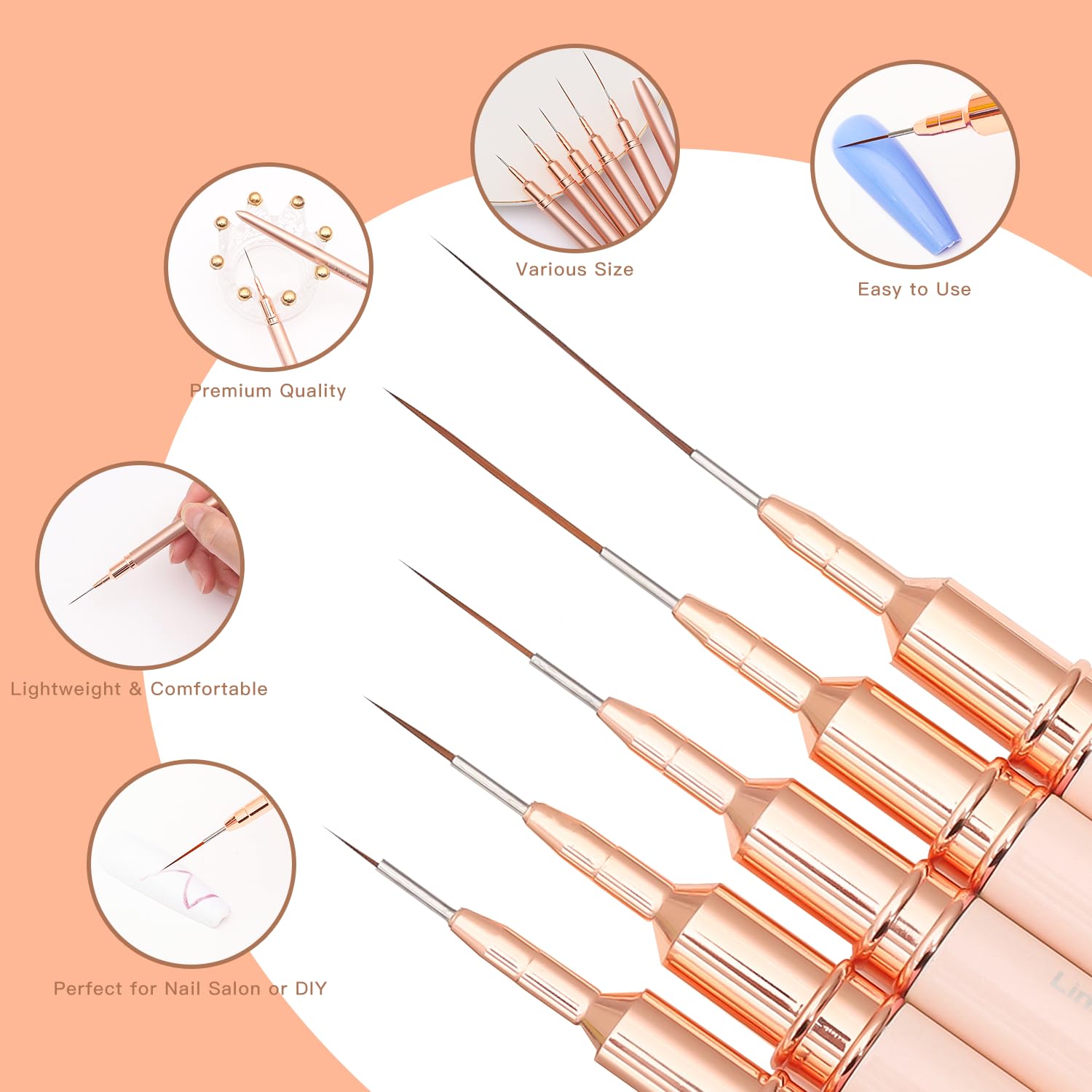 Komall Metallic Nail Art Brushes cap and handle design enhances grip and control.