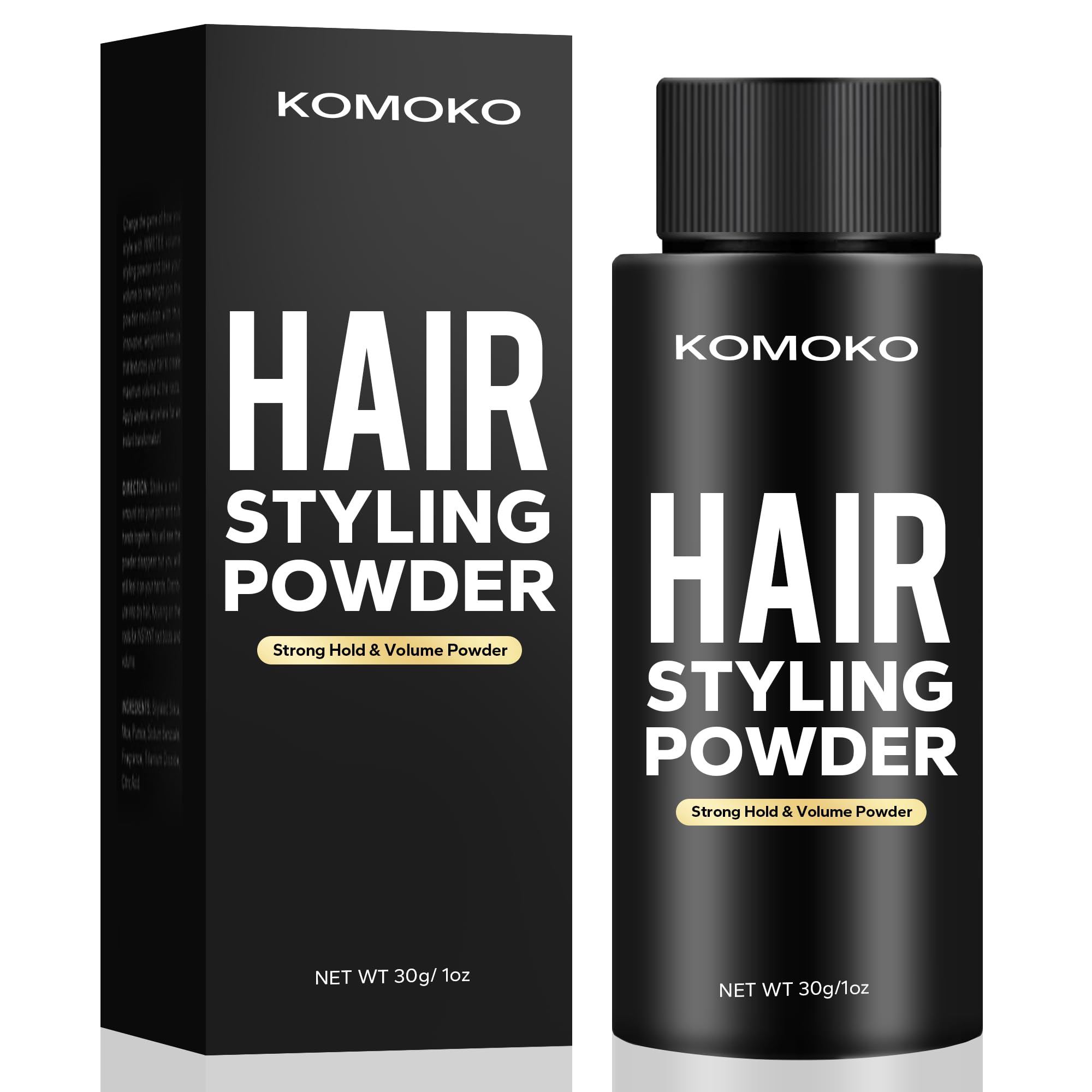 Komoko hair styling powder tin close-up showing compact packaging for on-the-go styling.