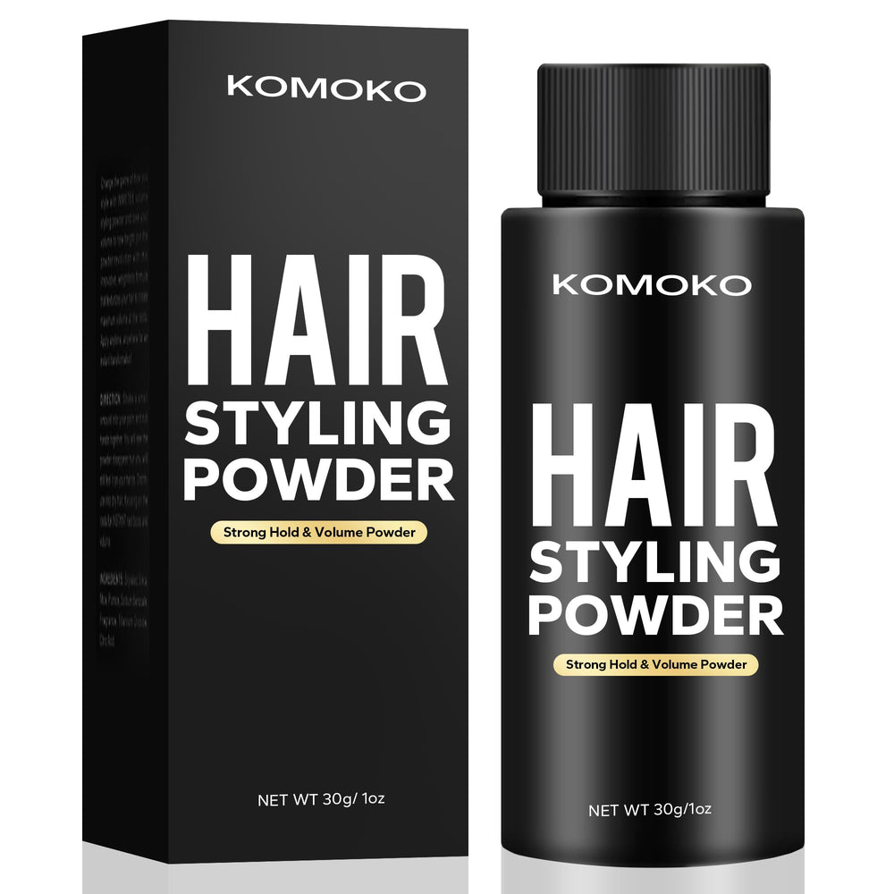 Komoko hair styling powder tin close-up showing compact packaging for on-the-go styling.