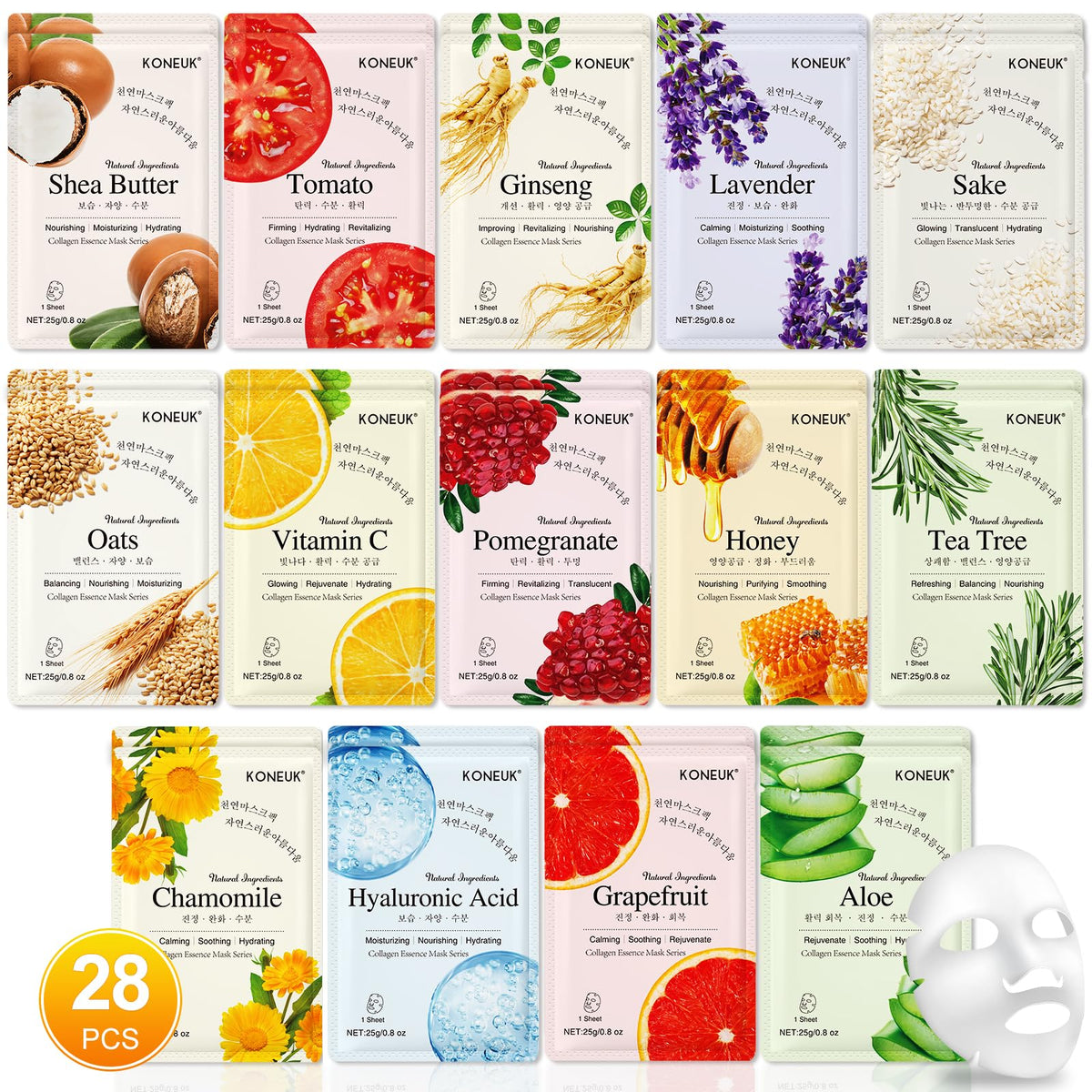 KONEUK 28 mascarillas hidratantes para piel suave y nutrida