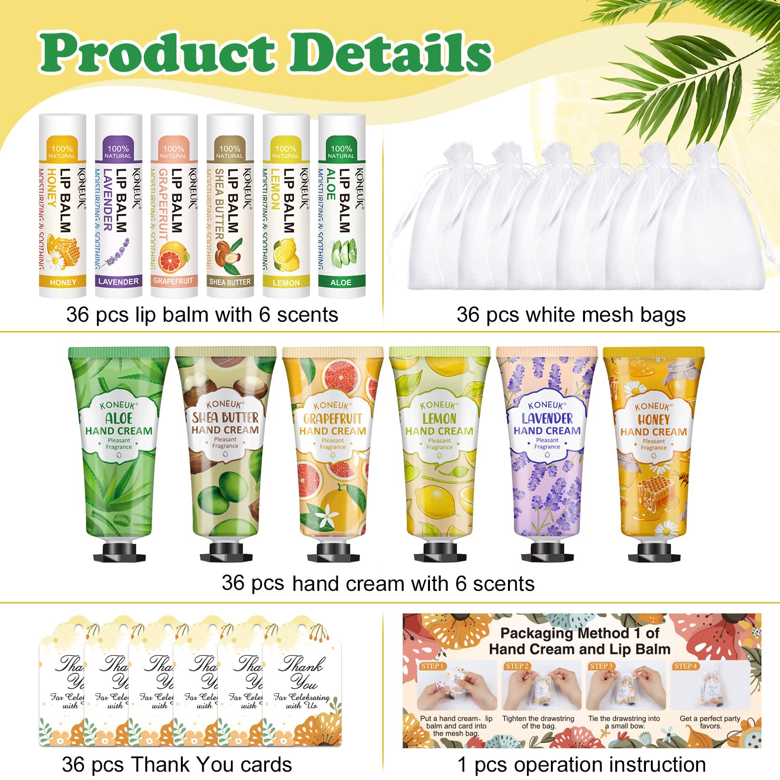 KONEUK 36-pack lip balm bulk, colorful scented tubes for attendees.