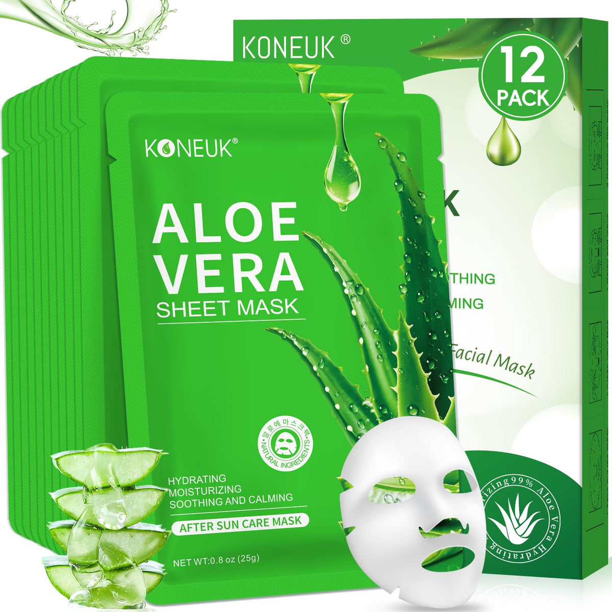KONEUK Aloe Face Mask 12-pack packaging closeup for bulk skincare gifts