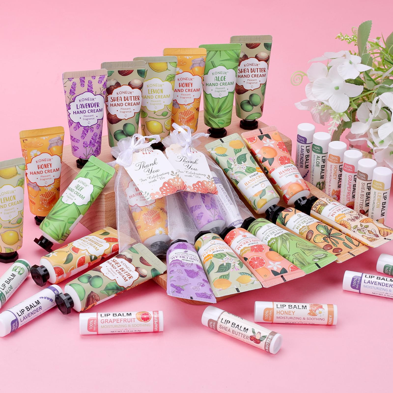 KONEUK six-scent hand cream and lip balm display for event gifting.
