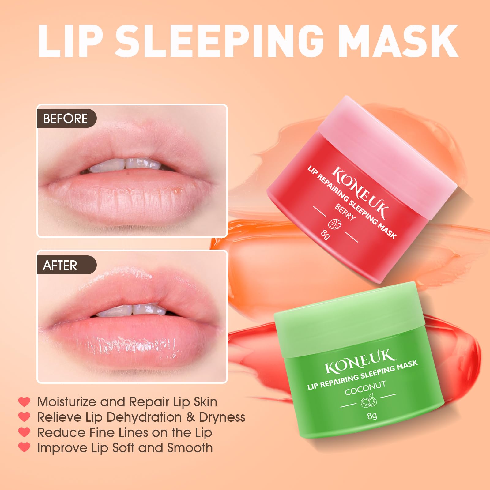 Frascos de labiales de 8 g con textura suave para aplicar cada noche.
