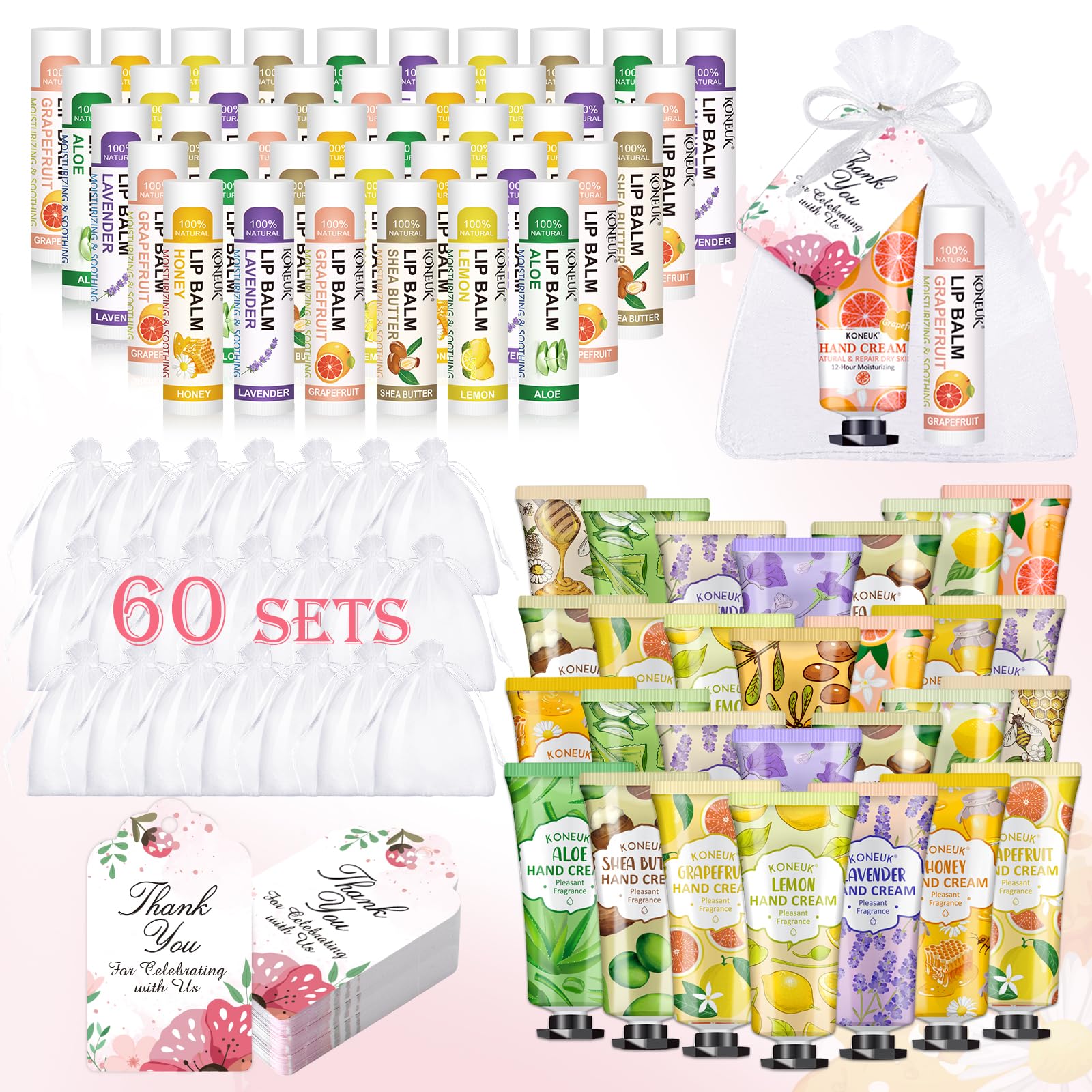 KONEUK hand cream bulk 60-set display with six scents, ideal for gifts.