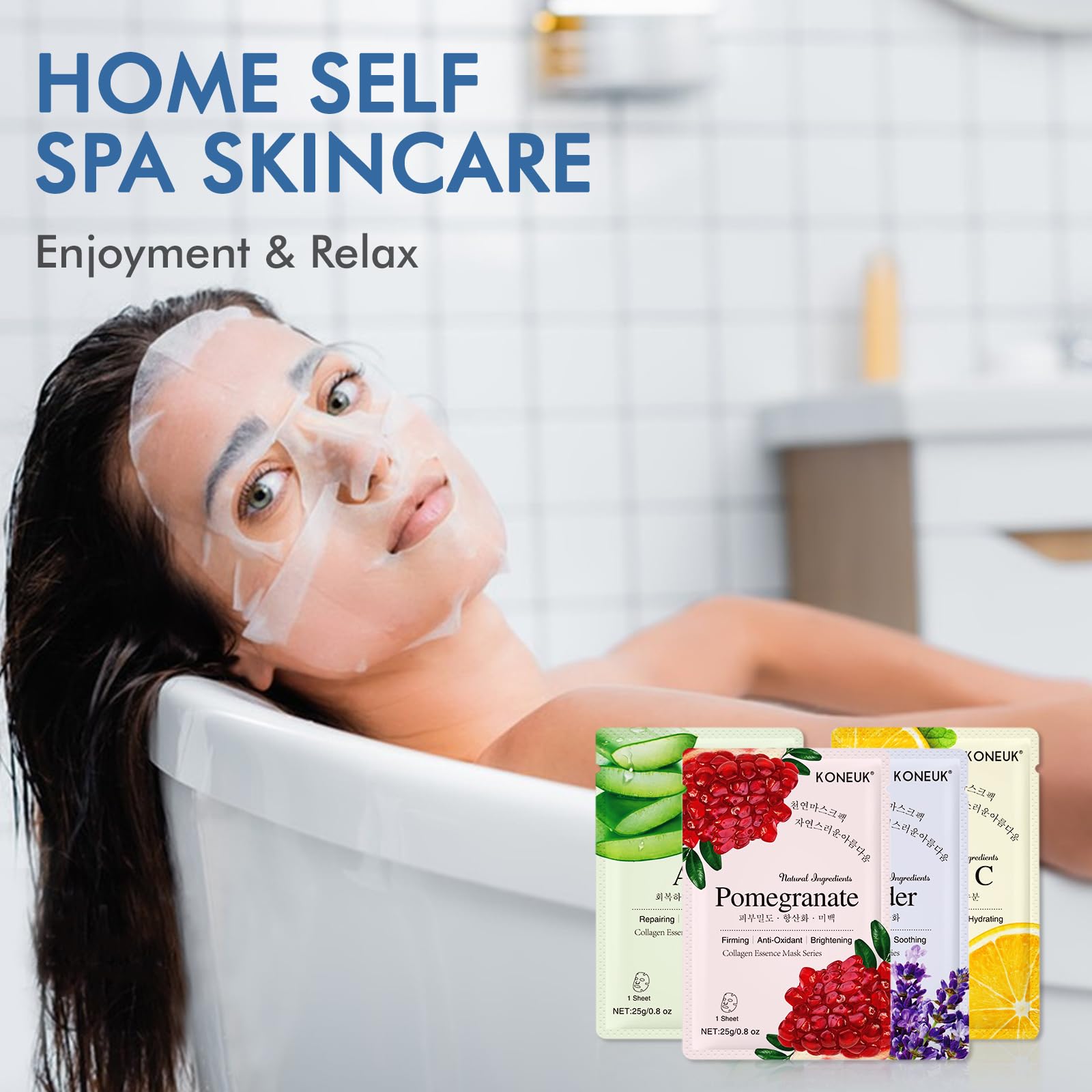 KONEUK home spa setup with several masks for pampering.