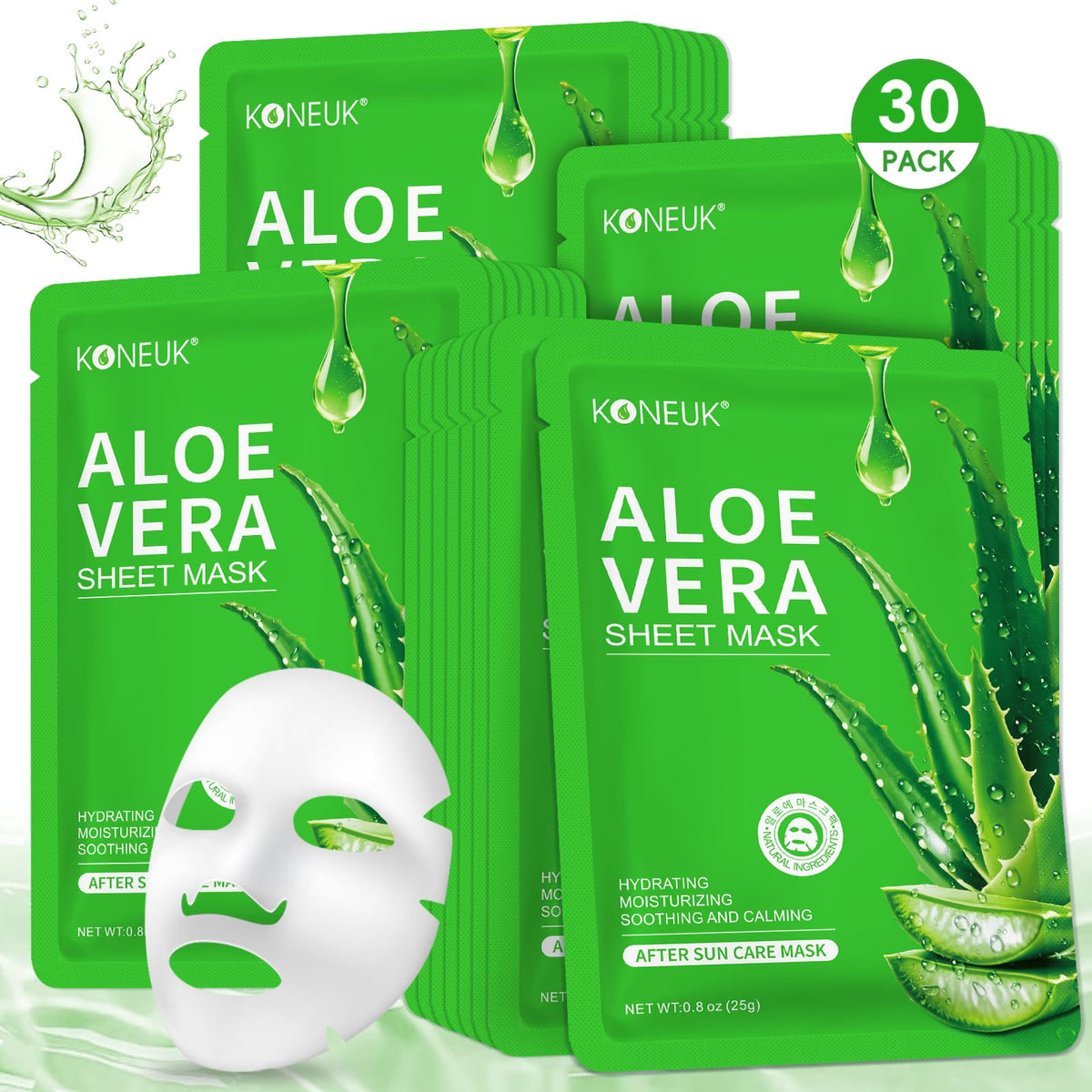KONEUK mascarillas Aloe, paquete con treinta unidades para el cuidado diario.